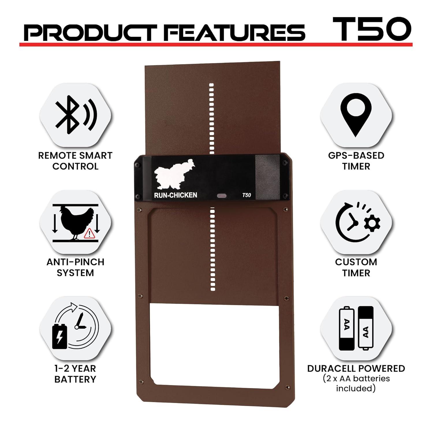 RUN-CHICKEN Door T50 – Automatic Chicken Coop Door Opener, Battery Powered & Weatherproof Aluminum, Smart App & Timer Control, Predator Proof, Easy Install, Reliable All-Season Performance (Brown)