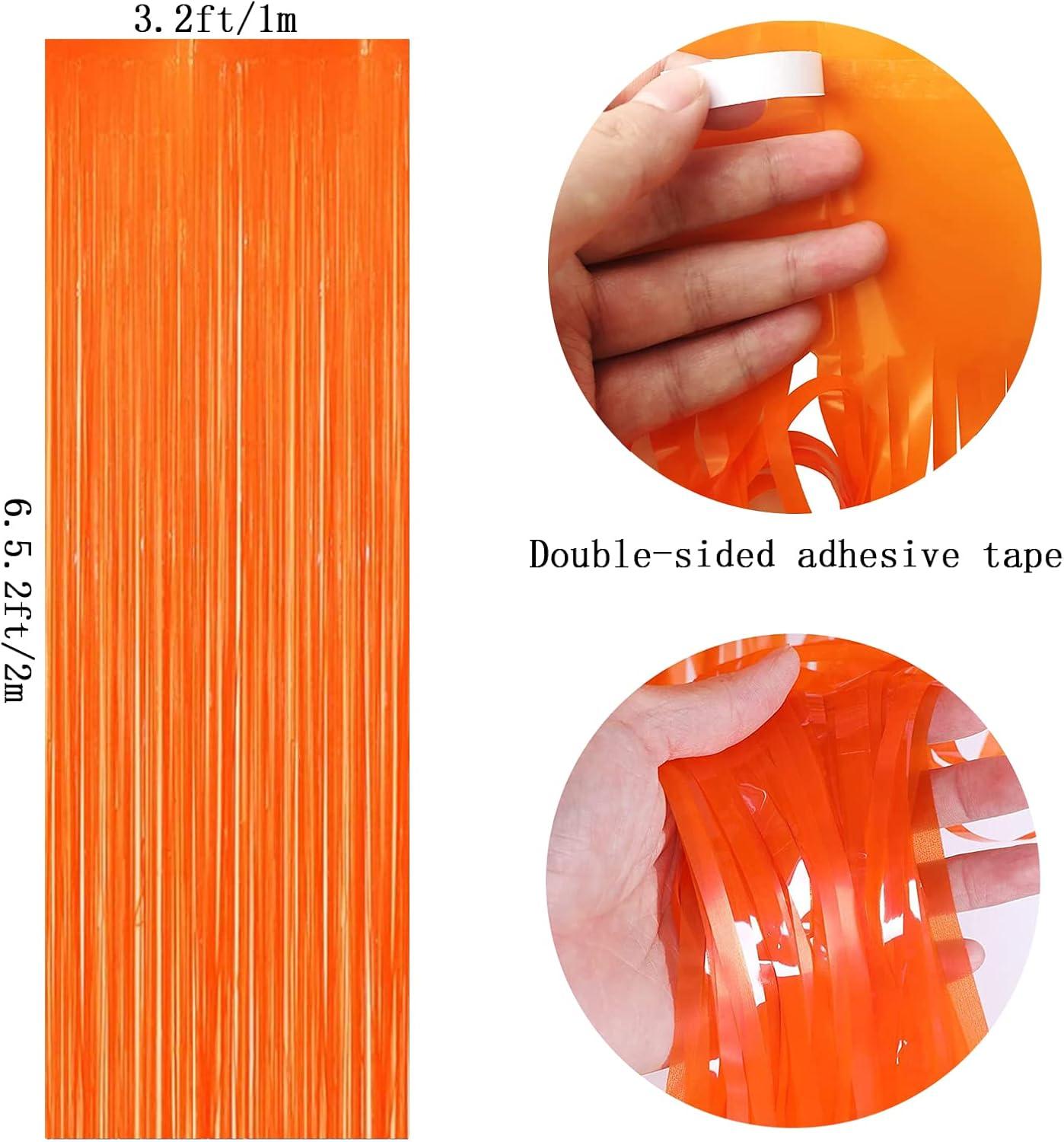 KIRIKOU Pack of 3 Foil Fringe Curtains Backdrop Party Decoration, Metallic Tinsel Curtain Photo Backdrop for Birthday Party Bridal Baby Shower Halloween Decorations (Orange, 3.2ft x 6.5ft)