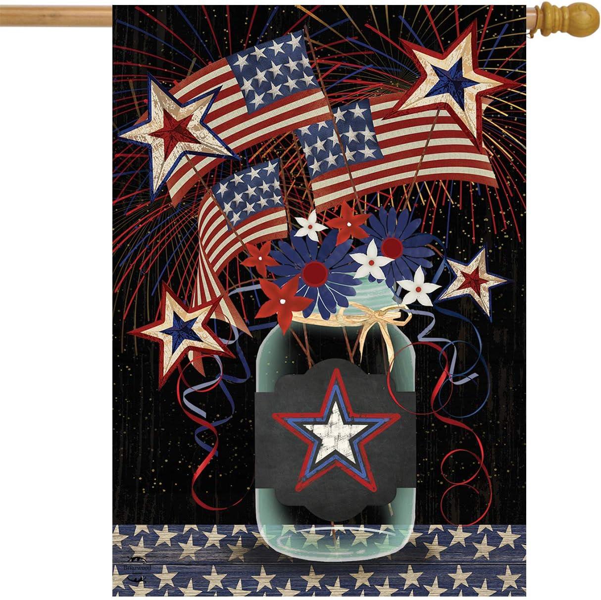 American Mason Jar Patriotic House Flag Primitive Fireworks 28" x 40" Briarwood Lane