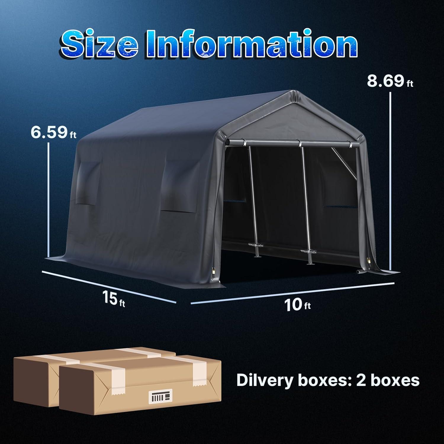 ADVANCE OUTDOOR 10x15 ft Outdoor Storage Shelter Shed with 2 Roll up Zipper Doors & Vents Peak Roof Carport for Motorcycle Waterproof and UV Resistant Anti-Snow, Gray