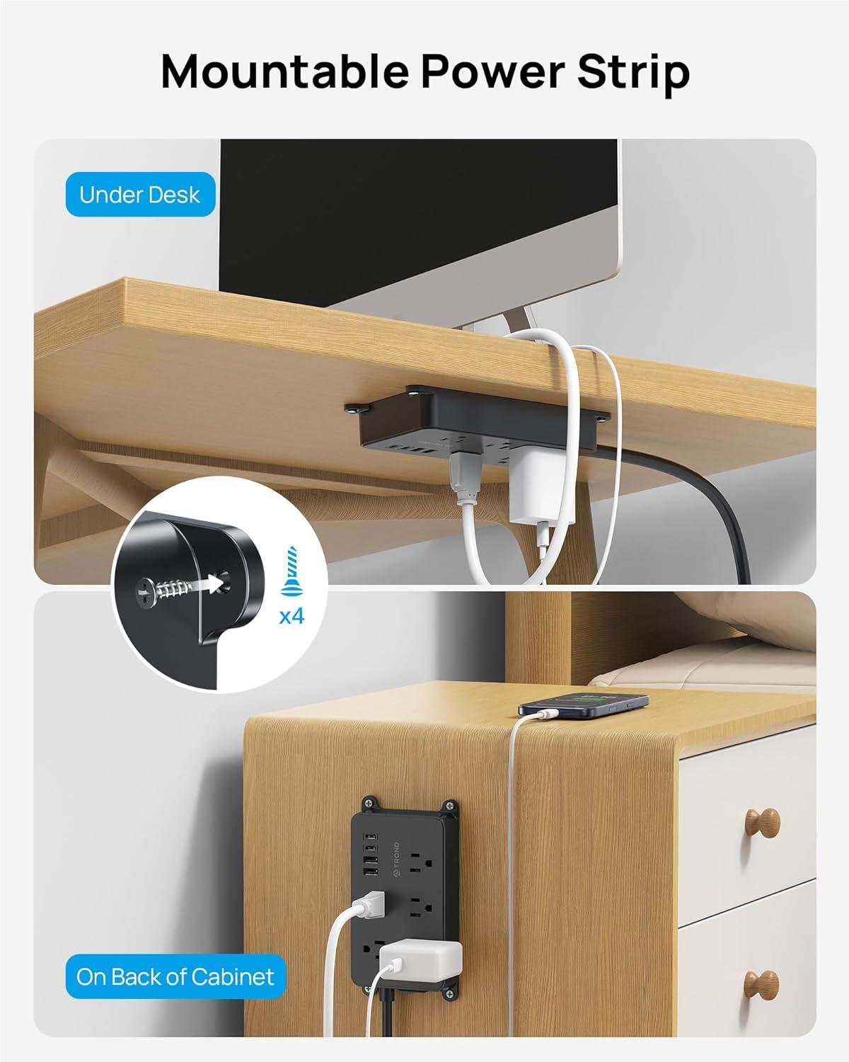 TROND Power Strip Surge Protector, ETL Listed, 15A, 5 Wide Spaced Outlets with 3 USB Ports, Wall Mountable, Flat Plug 5ft Extension Cord, 1300J, 14AWG Heavy Duty, for Office Kitchen, Black