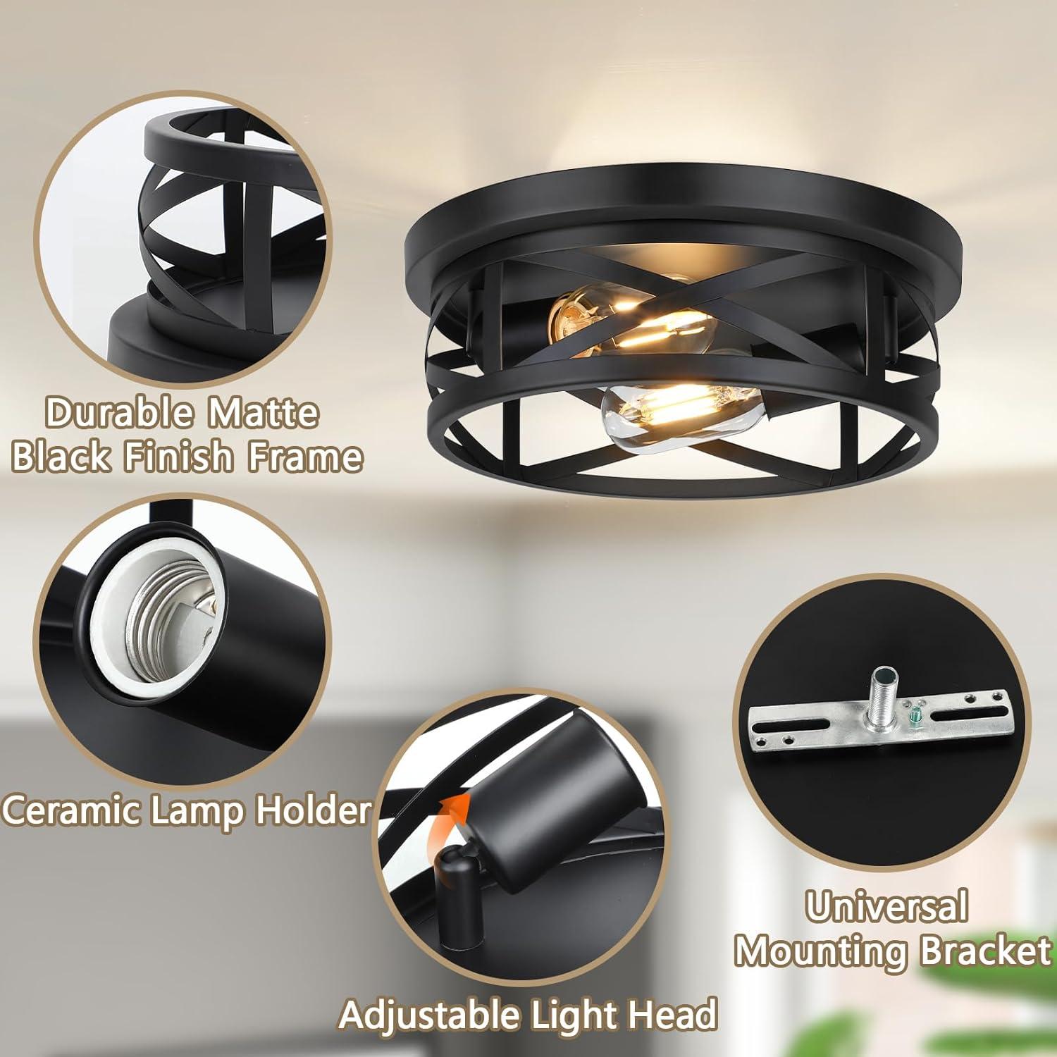 Black Metal Cage Drum Flush Mount Ceiling Light, 2-Pack