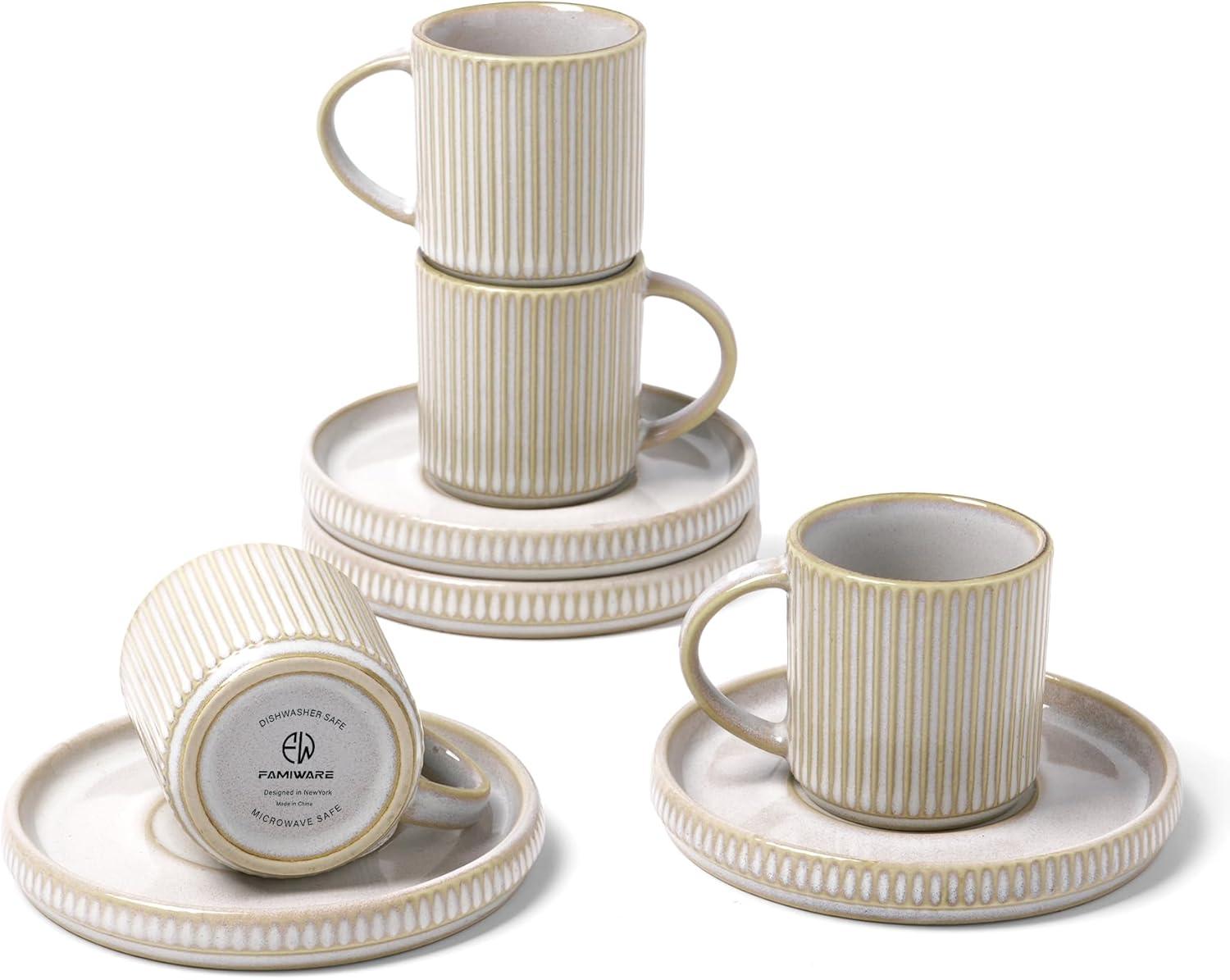shuoli Star Espresso Cups And Saucers Set Of 4, [ Mini ] 3 Oz Ceramic Small Coffee Mug With Handle, Ribbed Stoneware Demitasse Cup For Tea, Latte - Microwave & Dishwasher Safe - Cappuccino White