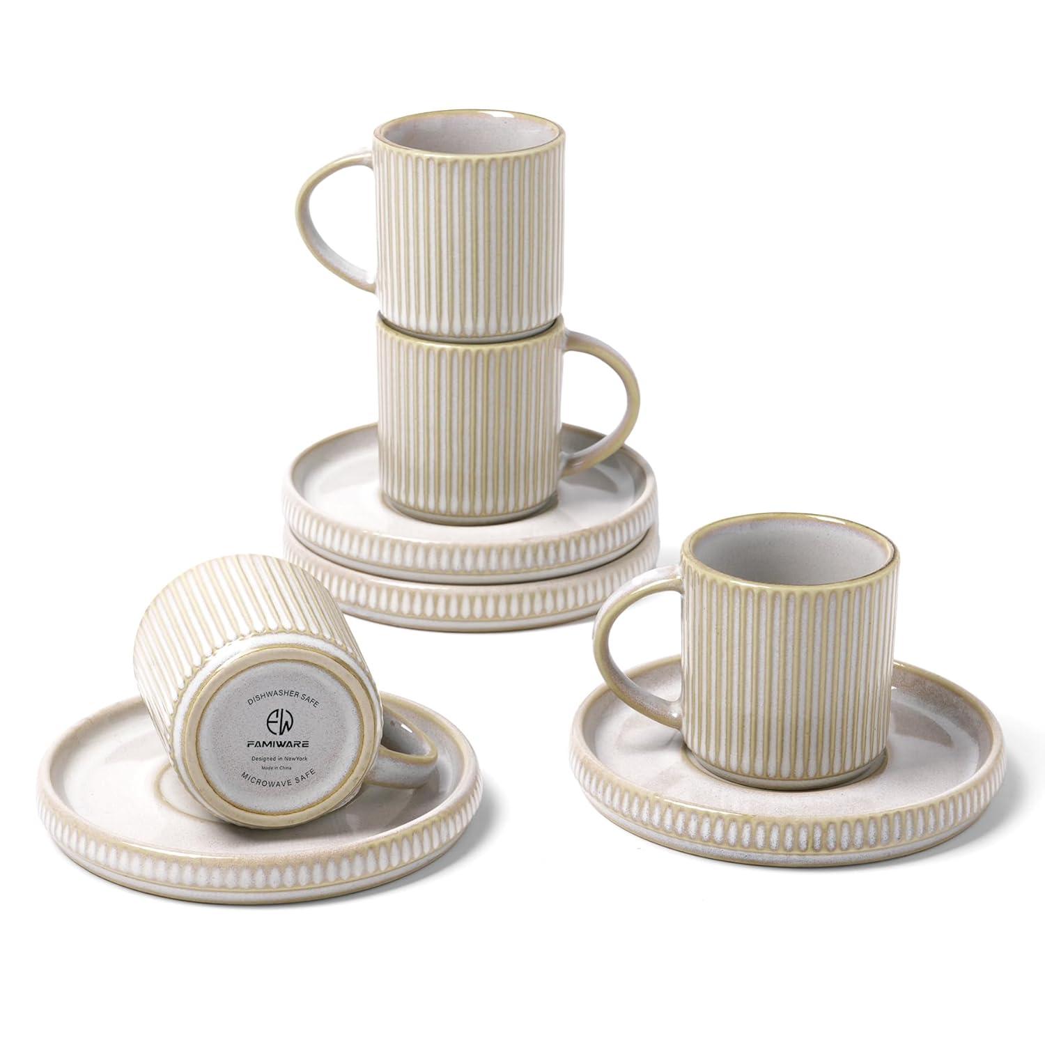 shuoli Star Espresso Cups And Saucers Set Of 4, [ Mini ] 3 Oz Ceramic Small Coffee Mug With Handle, Ribbed Stoneware Demitasse Cup For Tea, Latte - Microwave & Dishwasher Safe - Cappuccino White