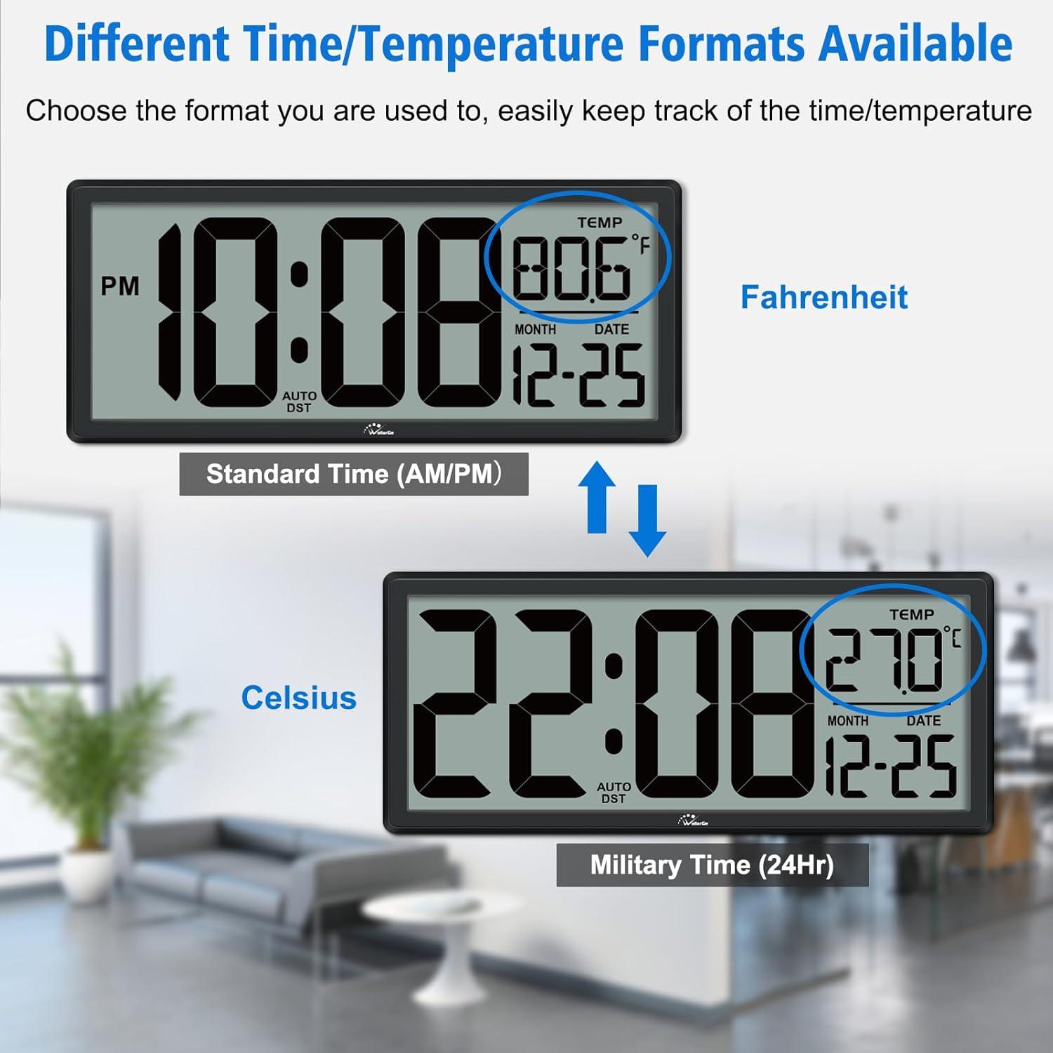 WallarGe 14.5'' Large Digital Wall Clock Battery Operated with Jumbo Numbers, Temperature and Date - Easy to Read and Set, Auto DST