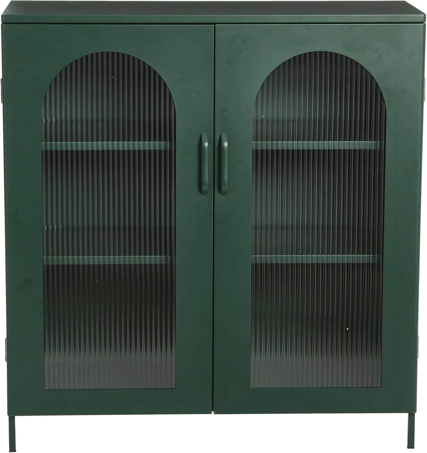 Creative Co-Op Solstice Wide Metal Accent Cabinet with 2 Adjustable Storage Shelves and Arched Glass Door, Dark Green