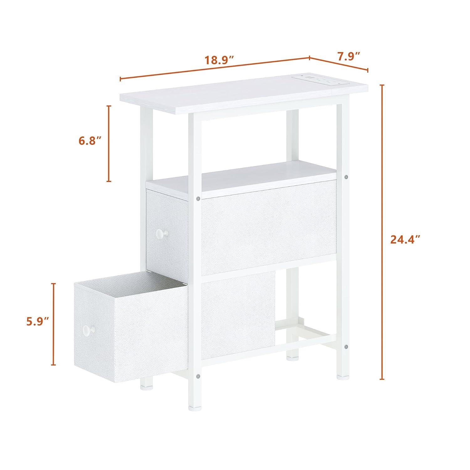End Table with Charging Station, Narrow Side Table with 2 Fabric Drawers, Skinny Nightstand with LED Light, Slim Bedside Table for Bedroom, Living Room, Small Spaces, White