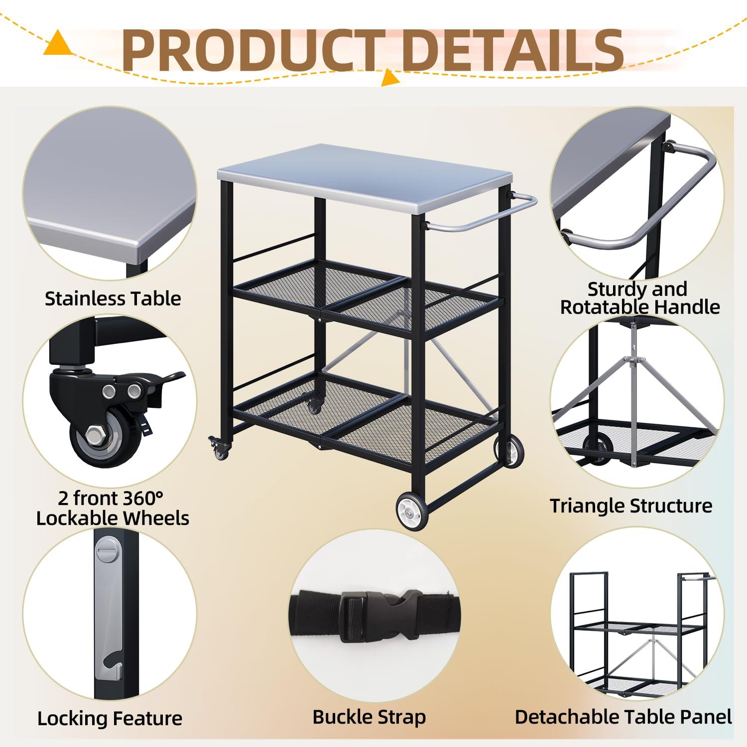 AECOJOY Outdoor Grill Table, Stainless Steel Pizza Oven Stand 3-Tier Folding BBQ Prep Table with Casters, Portable Kitchen Island for Apartment, Studio & Backyard Cooking, Gray