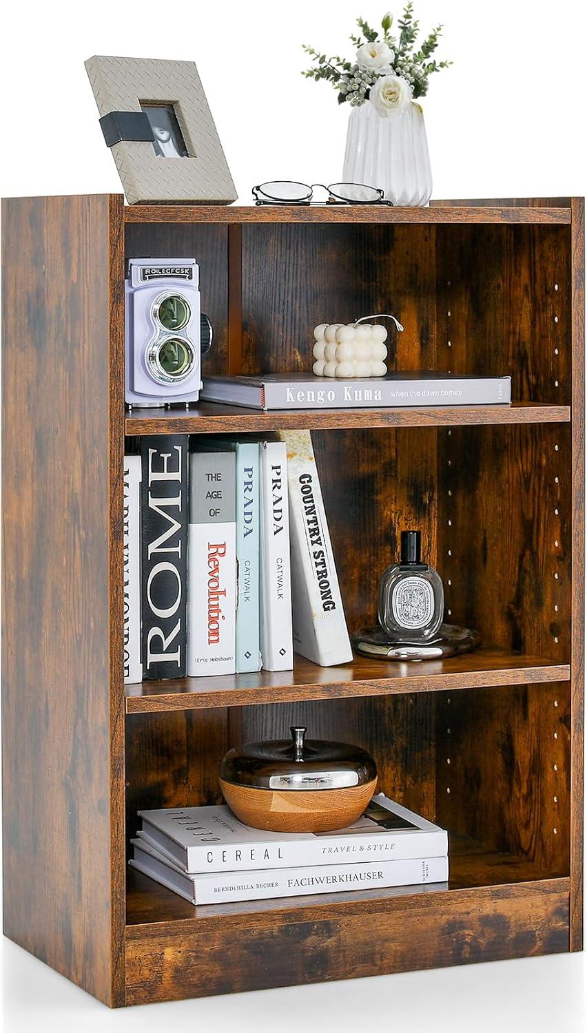 Rustic Brown 3-Tier Adjustable Wood Bookcase