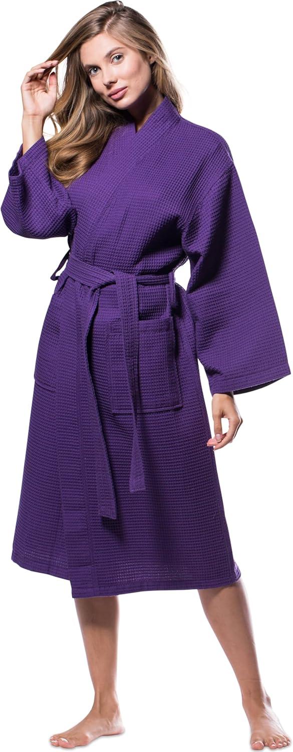 Turquaz Linen Lightweight Long Waffle Kimono Unisex Spa Robe (Small/Medium, Purple)