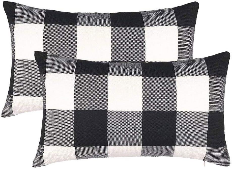 Set of 2 Farmhouse Buffalo Check Plaid Throw Pillow Covers Cushion Case Polyester Linen for Fall Home Decor Black and White, 12 x 20 Inches