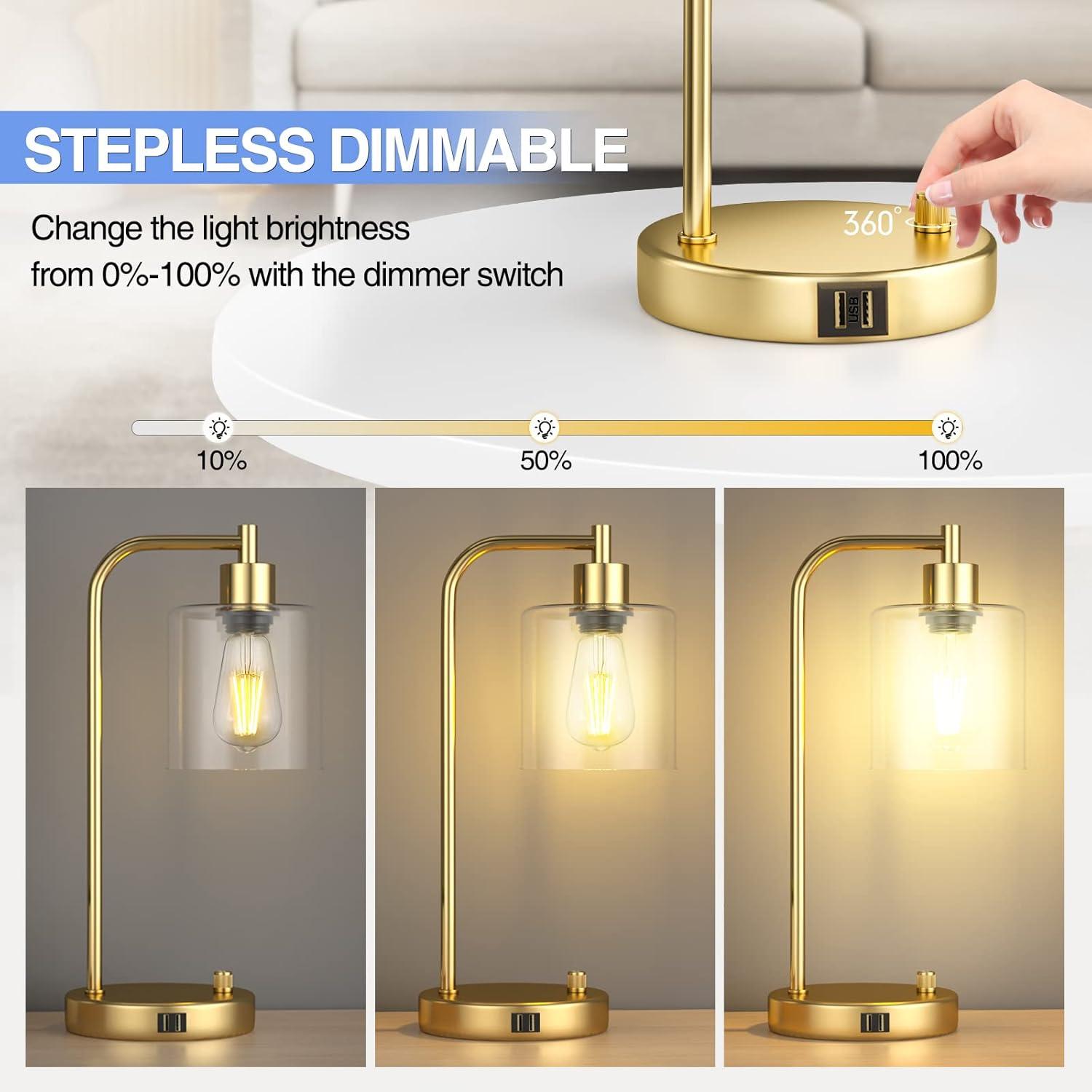 【Upgraded】Set of 2 Industrial Table Lamps with 2 USB Port, Fully Stepless Dimmable Bedside Lamps for Bedroom, Nightstand Desk Lamps with Glass Shade for Bedroom Living Room Office 2 LED Bulb Included