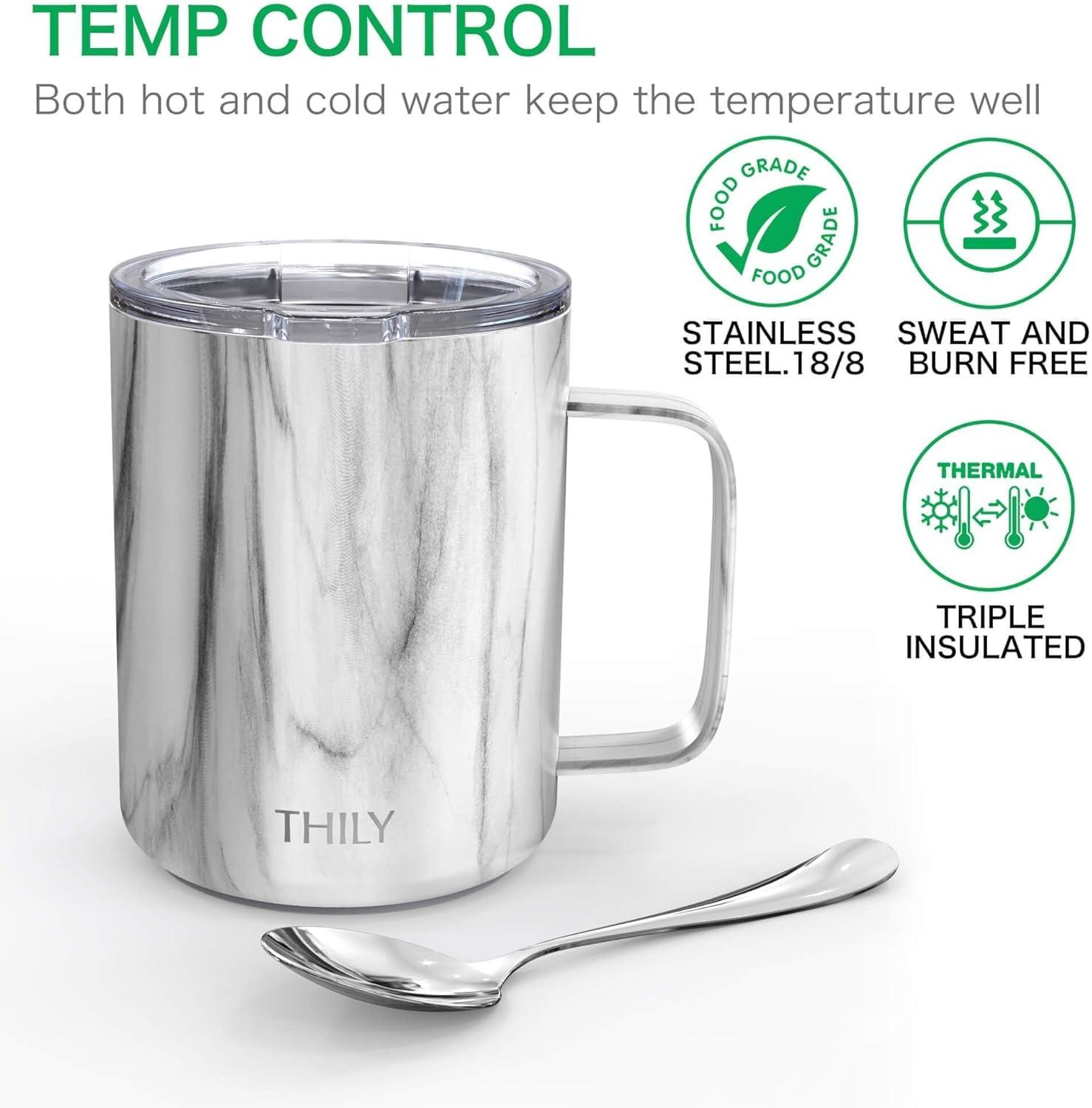 Vacuum Insulated Travel 12 oz Coffee Mug with Handle, THILY Stainless Steel Cup with Spill-Proof Lid, Keep Coffee Cold, Great for Camping, White Marble