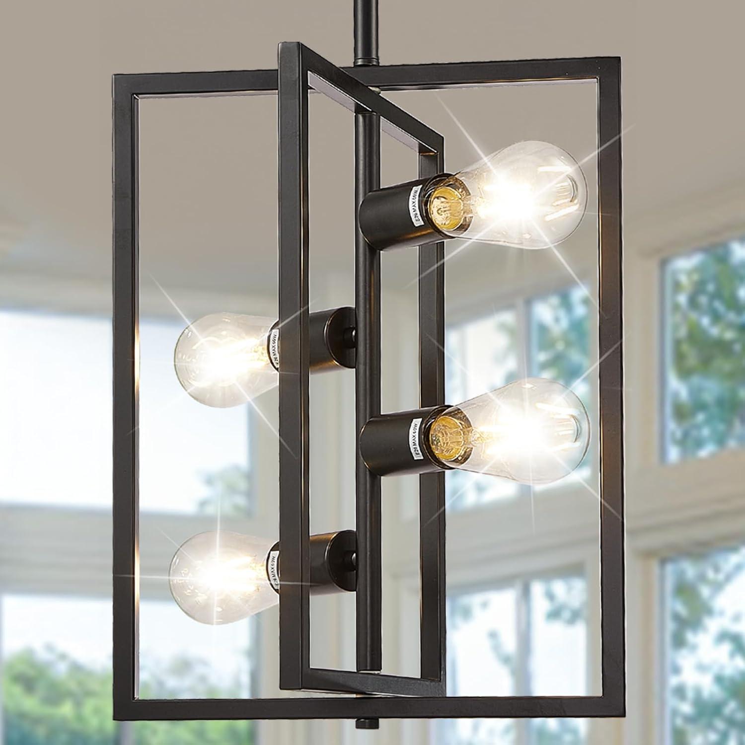 Black Geometric Metal Lantern Chandelier with Candle Bulbs