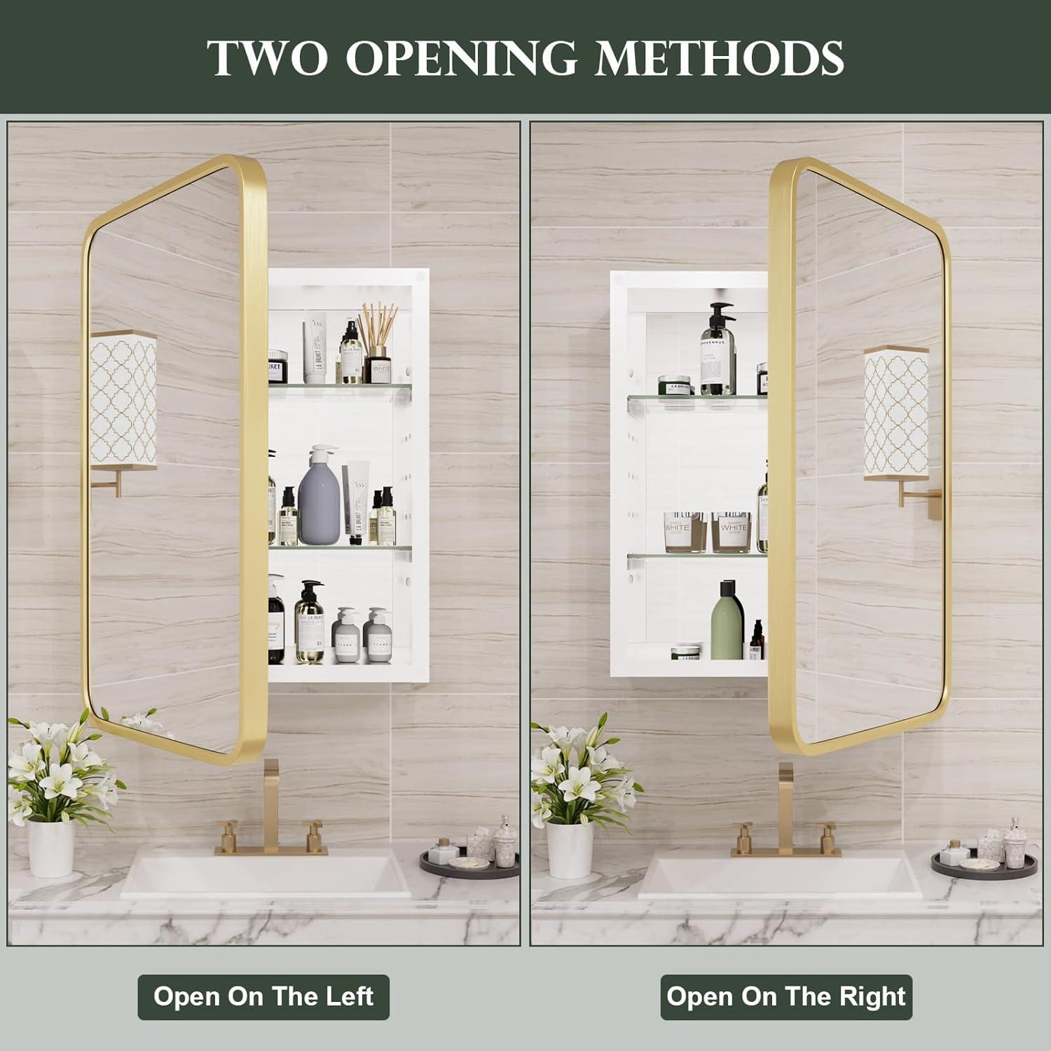 Bathroom Medicine Cabinet With Mirror, 16X24 Inch Gold Recessed Medicine Cabinet With Round Corner Aluminum Alloy Metal Framed, Single Door Modern Medicine Cabinet With Storage