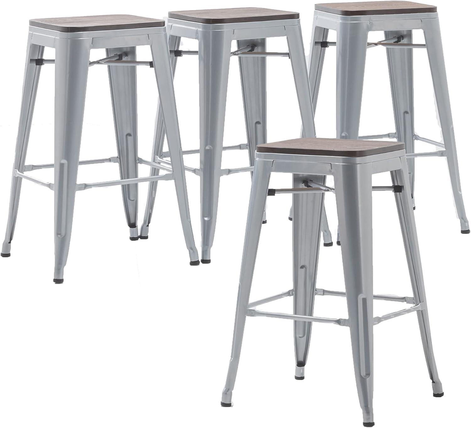 Tyslan Bar Stools Industrial Counter Height Bar Stools Stackable Backless Barstools Set of 4 for Kitchen(26 inch, Silver)