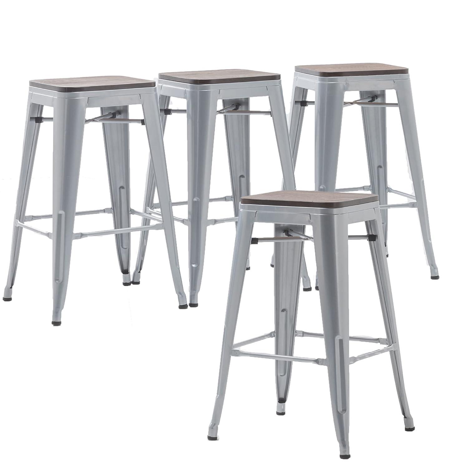 Drevy 26" Metal Counter Height Bar Stools Set of 4 Industrial Backless Kitchen Patio Counter Stool Stackable Barstools Wood Top-Silver
