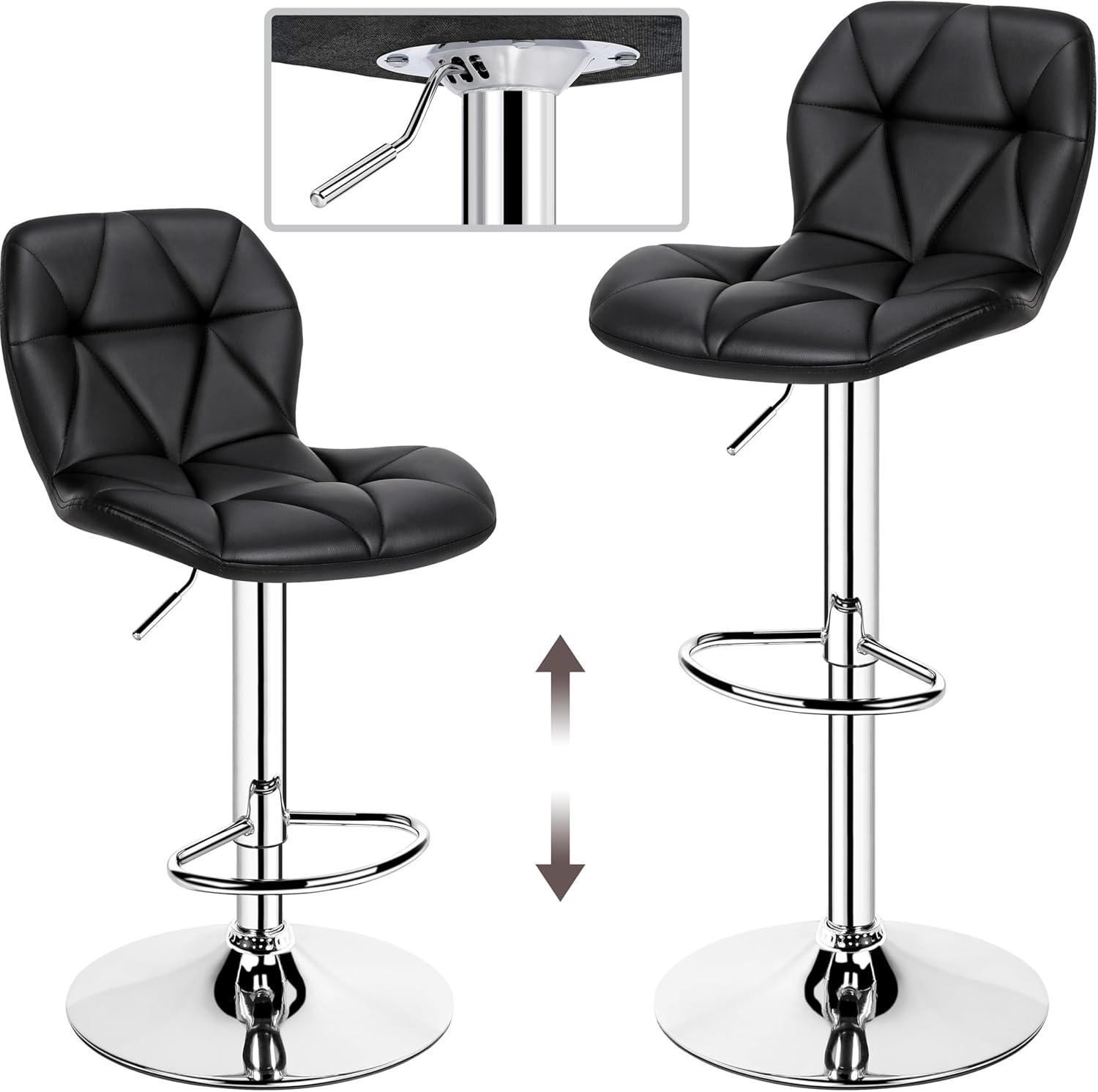 Modern Black Faux Leather Adjustable Swivel Bar Stools, Set of 2