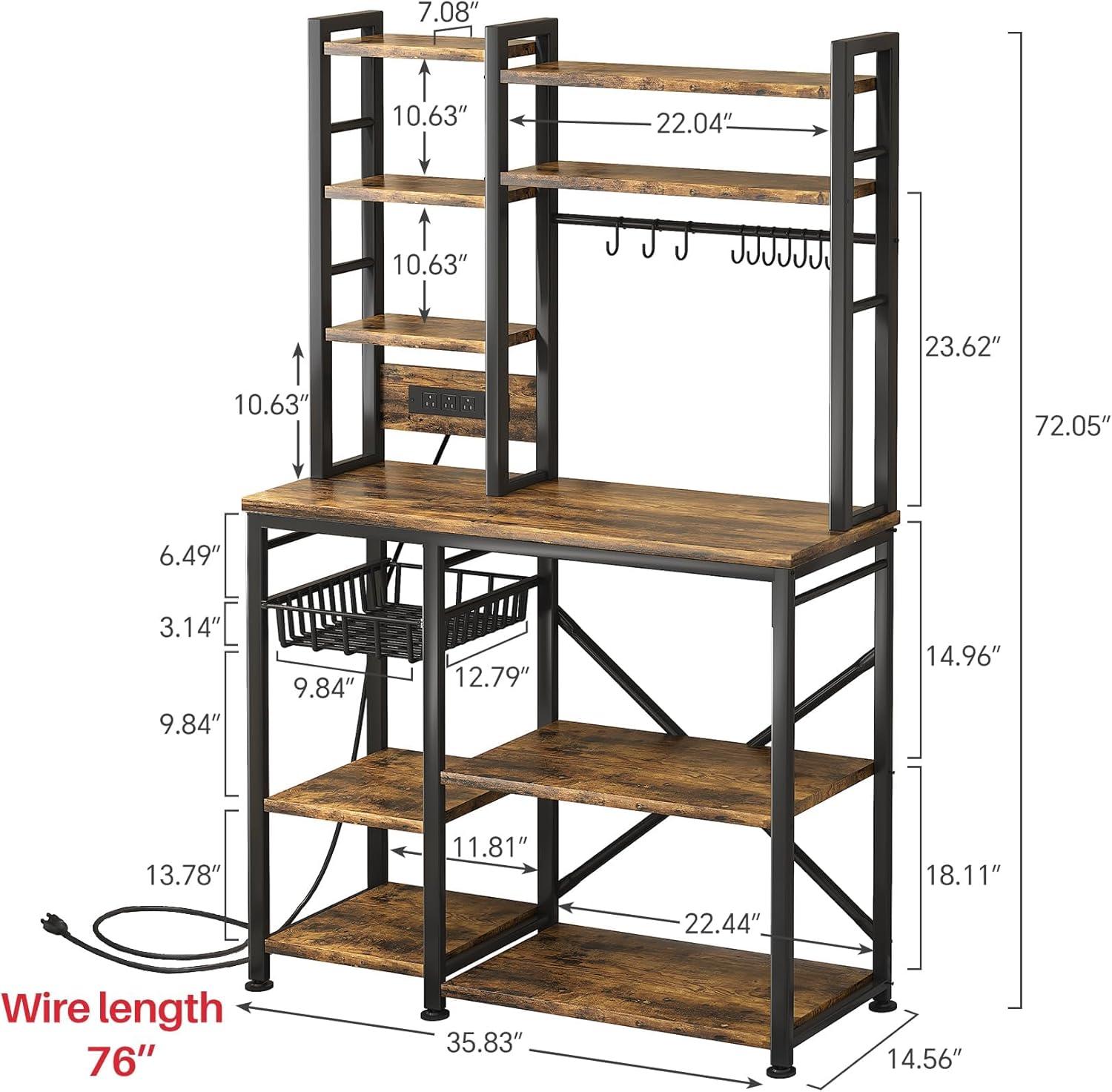 Rustic Brown and Black Adjustable Kitchen Baker's Rack with Power Outlet