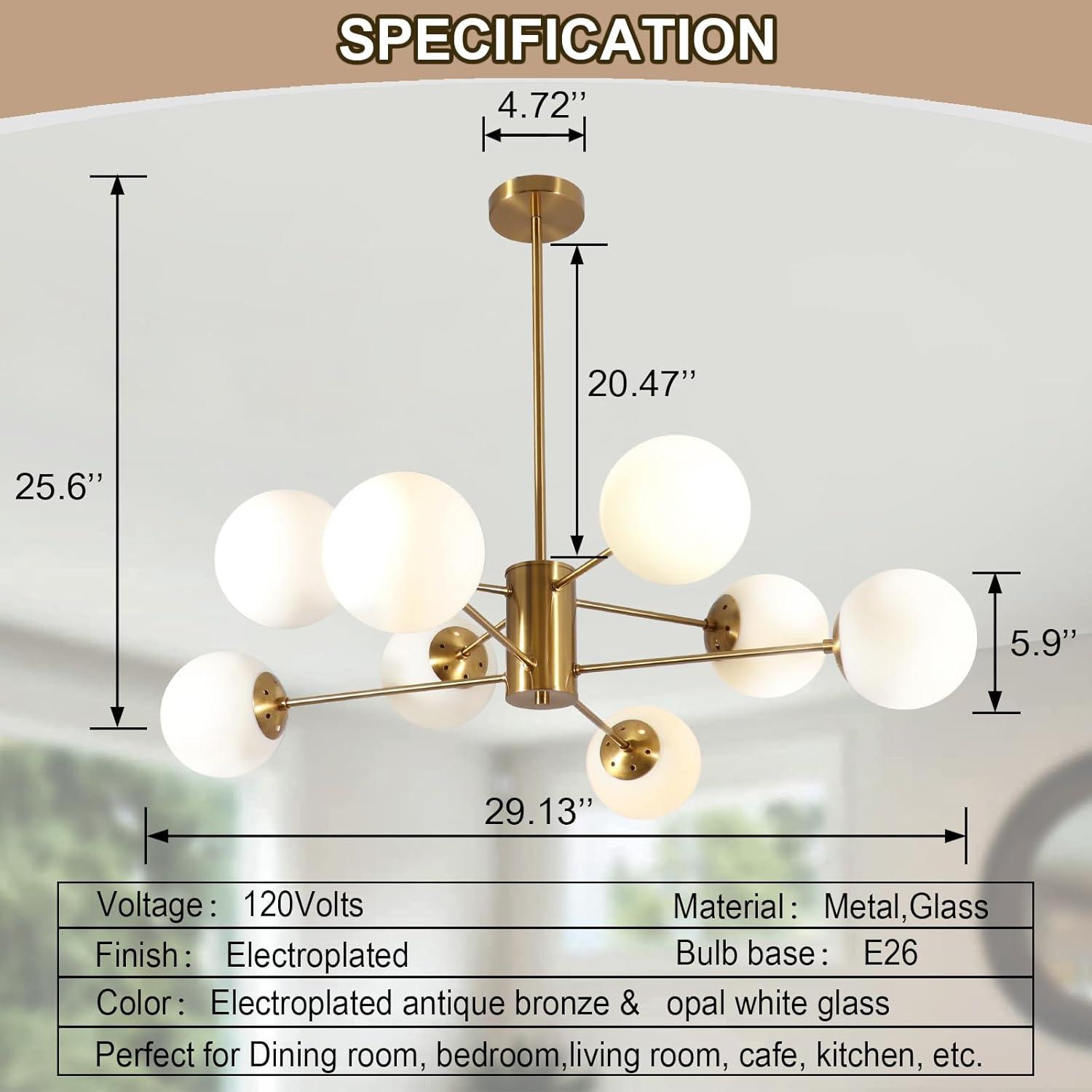 KCO Lighting 8-Light Glass Sputnik Chandelier Light Modern Gold Chandeliers Pendant Light Fixture Vintage Globe Ball Ceiling Flush Mount Light Fixture Kitchen Island