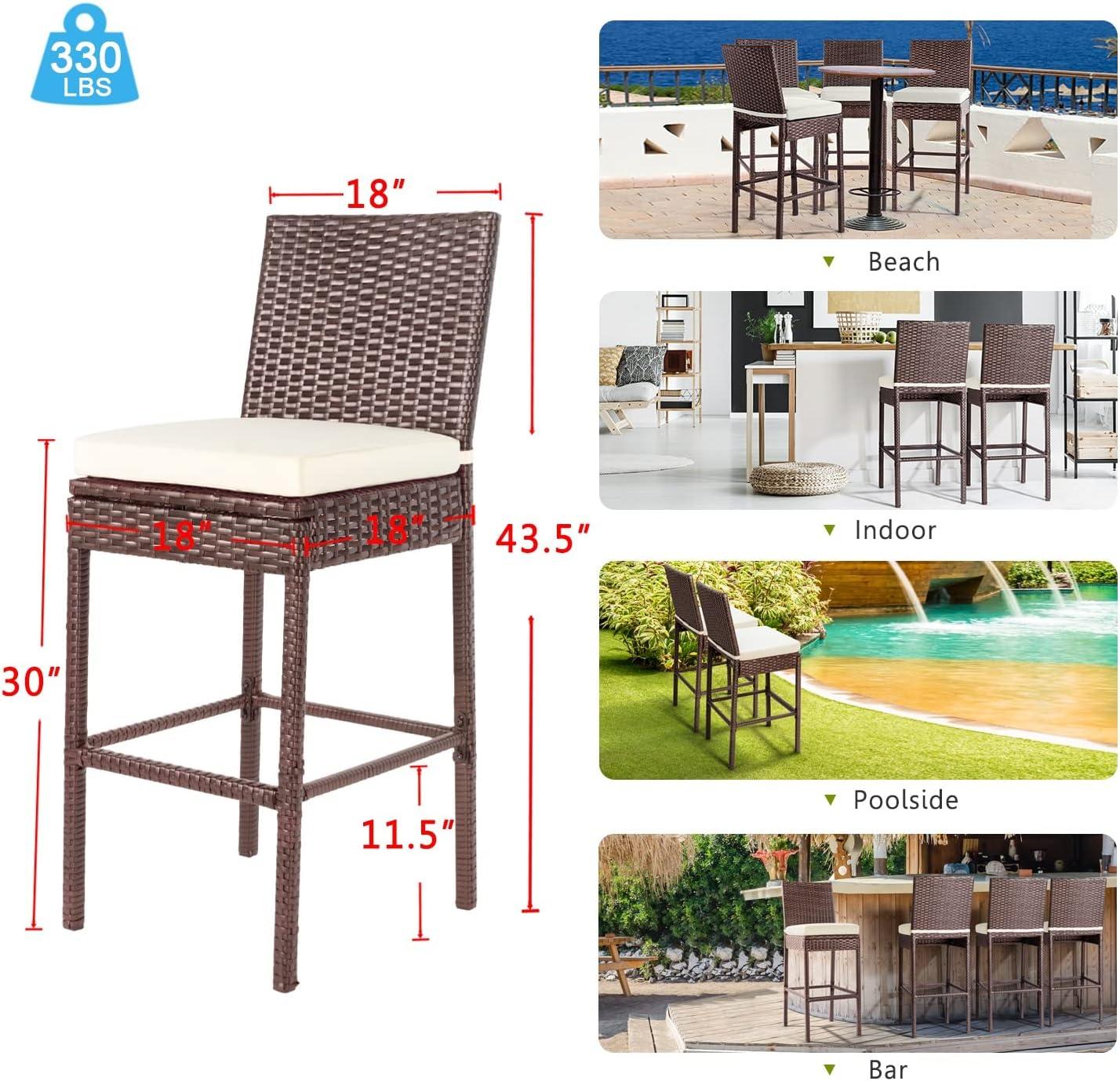 Outdoor Bar Stools Set of 4 Wicker Woven Patio Stools & Patio Bar Chairs Counter Bar Height Stools with Footrest Armless Cushion Cream All Weather Rattan Garden Stool for Pool Lawn Porch Backyard