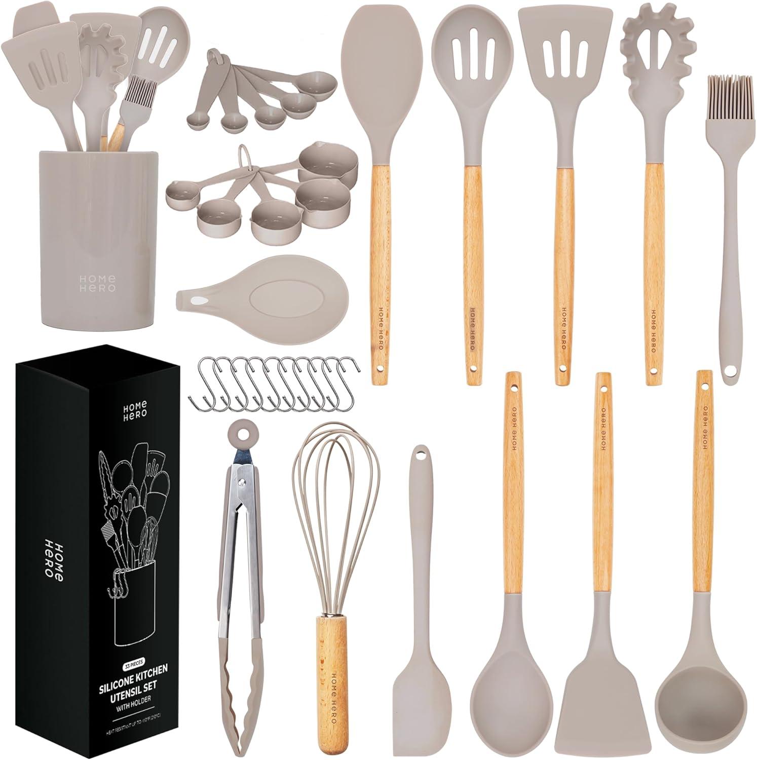 AOKIWO Silicone and Wood Non-Stick Cooking Utensil Set, 33 pcs