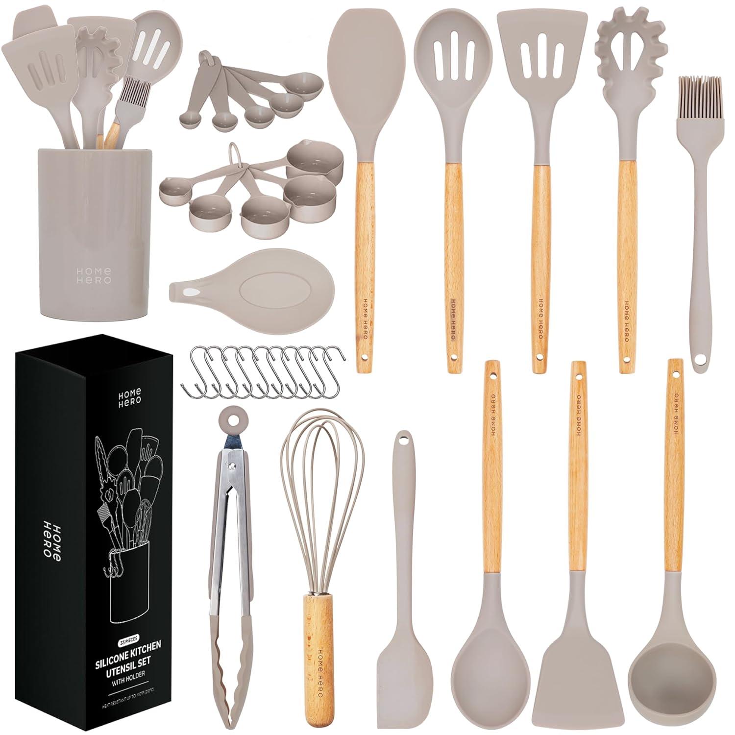 33 Pcs Silicone Kitchen Utensils Set, Khaki Kitchen Cooking Utensils Set with Natural Hard Wood Handle, Silicone Utensils Set with Holder, Heat Resistant, BPA Free, Non Toxic