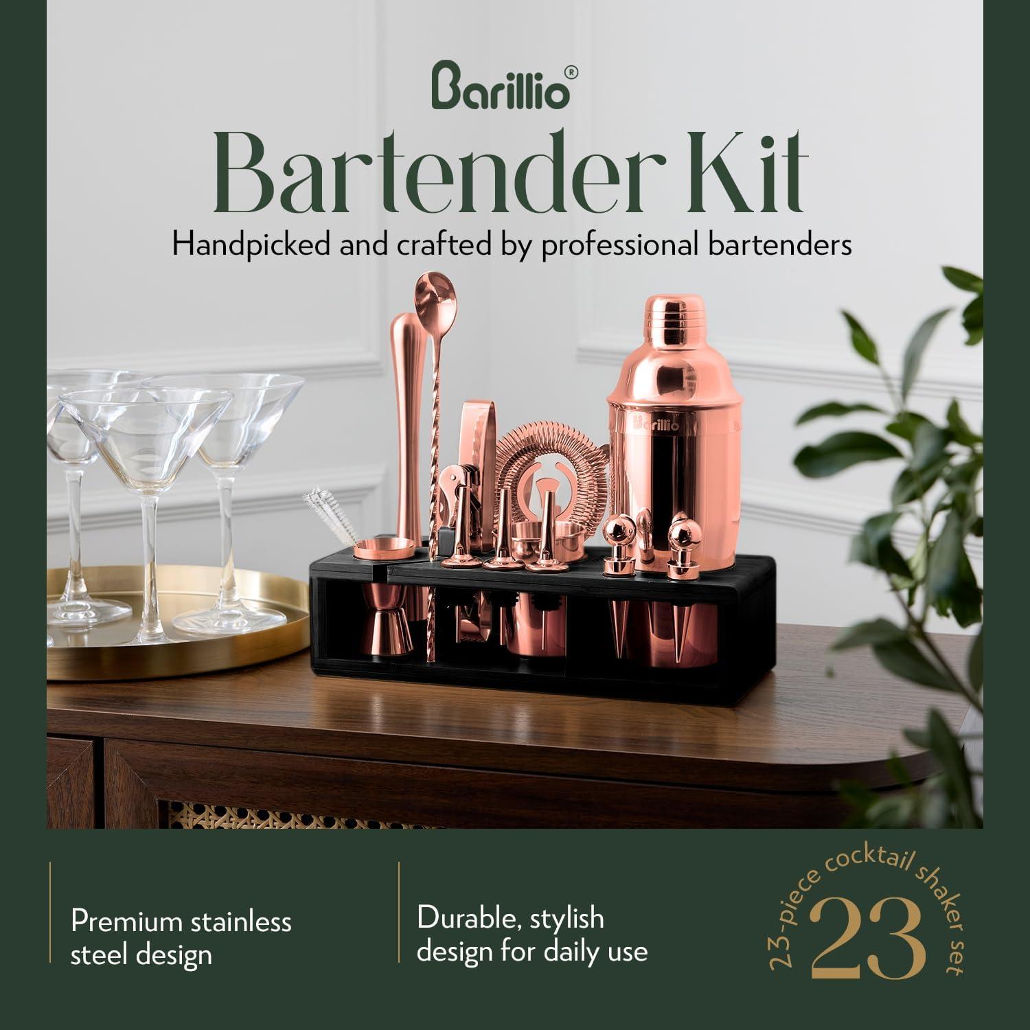 Rose Gold Stainless Steel Bartender Kit with Black Bamboo Stand