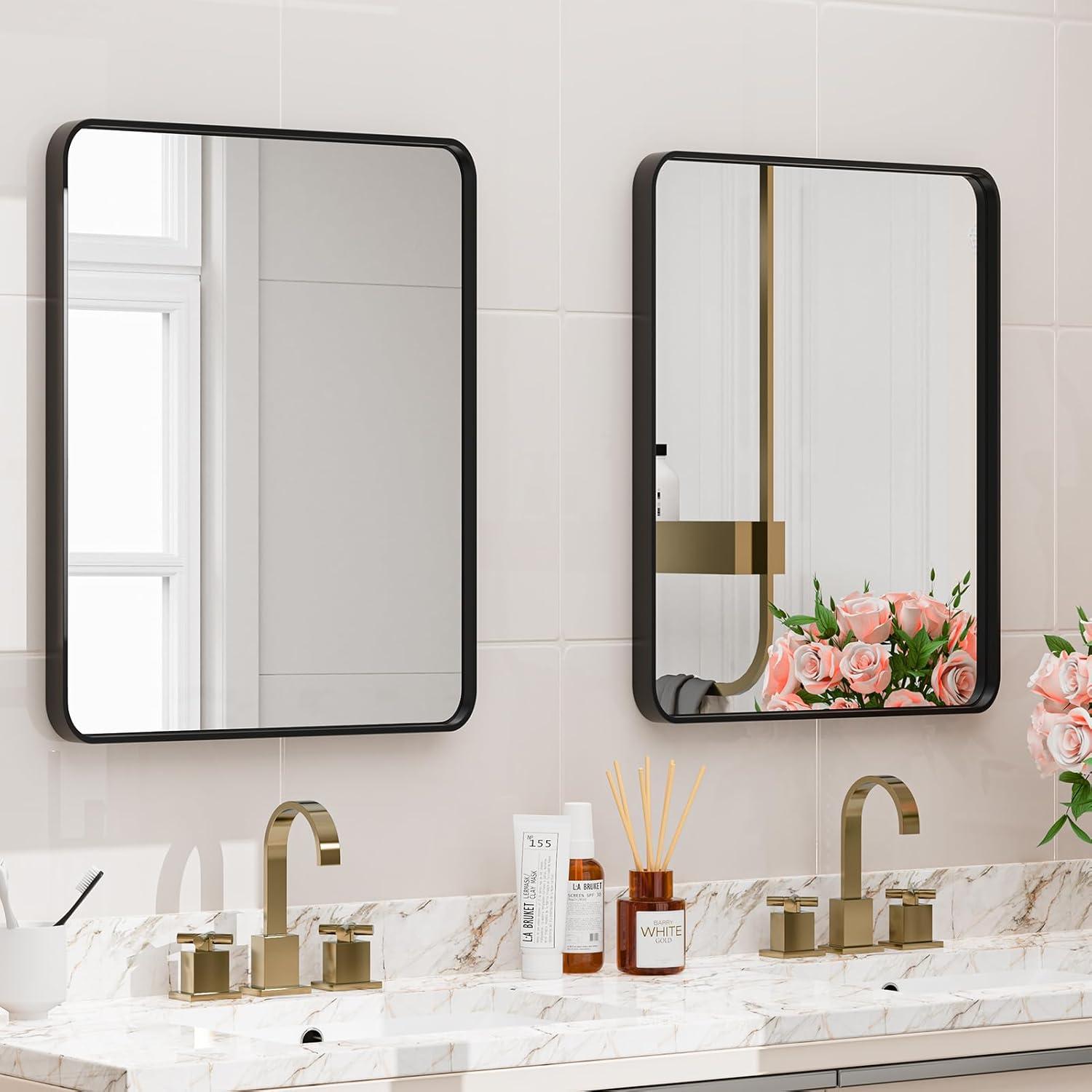 Modern Black Metal Rectangular Bathroom Vanity Mirror 20x30 Inch