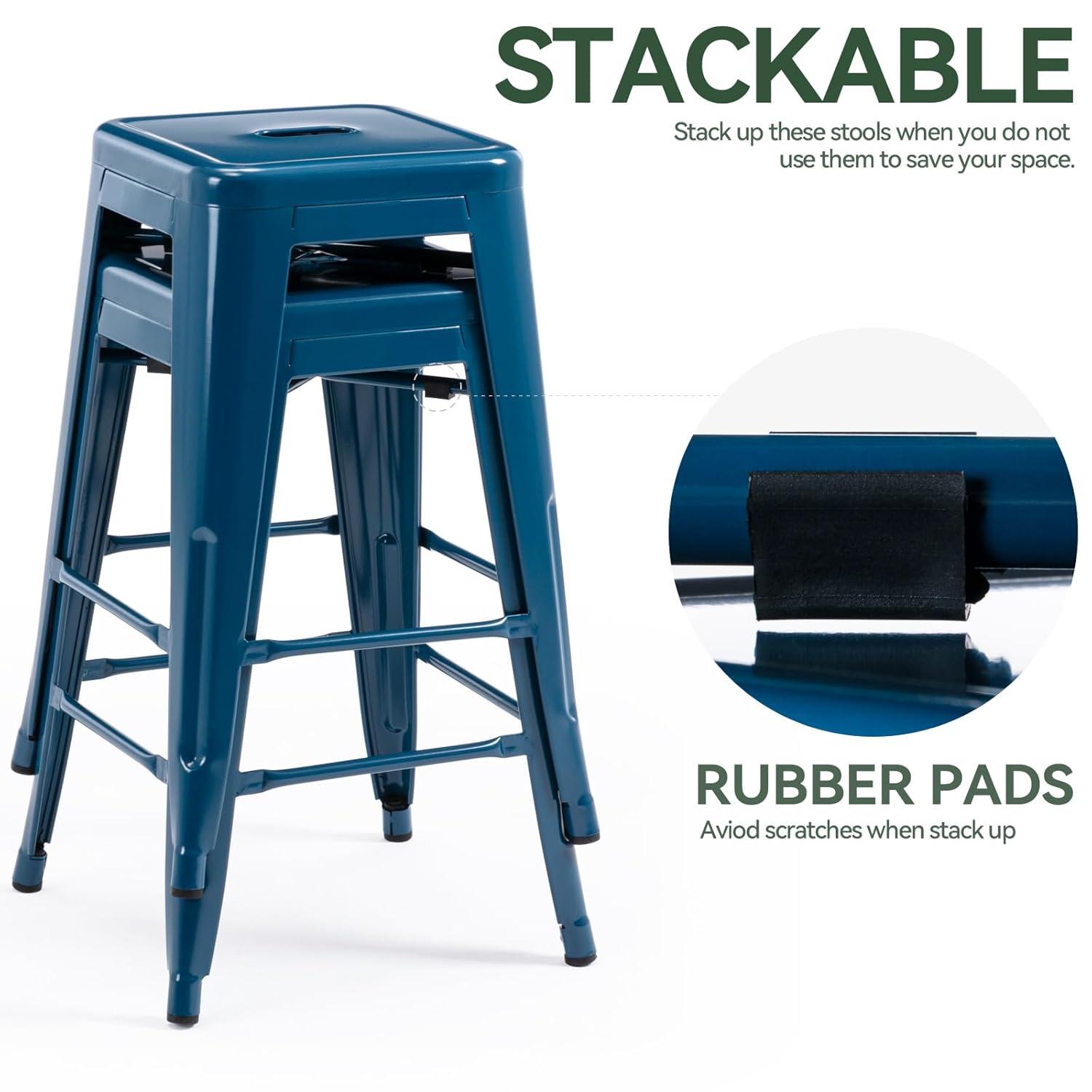 Vogue Furniture Direct 24 Inch Metal Bar Stools, Backless Counter Height Barstools, Indoor Outdoor Stackable Stools with Square Seat, Set of 2 (Deep Blue)