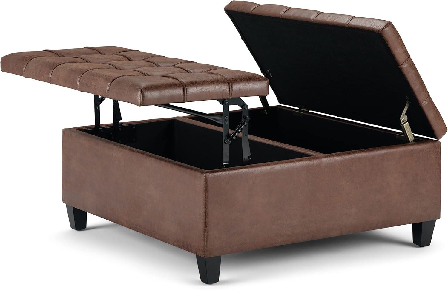 Simpli Home Coffee Table Storage Ottoman In Distressed Umber Brown Vegan Faux Leather