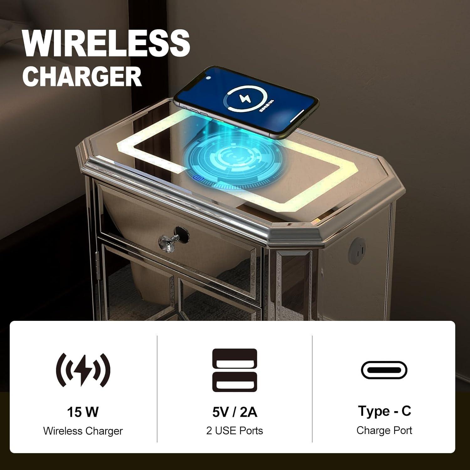 COSVALVE 3 Drawers Mirrored Nightstand Silver Glass Crystal Design Rectangle End Table with Wireless Charging Station, LED Lights, Charge USB Port