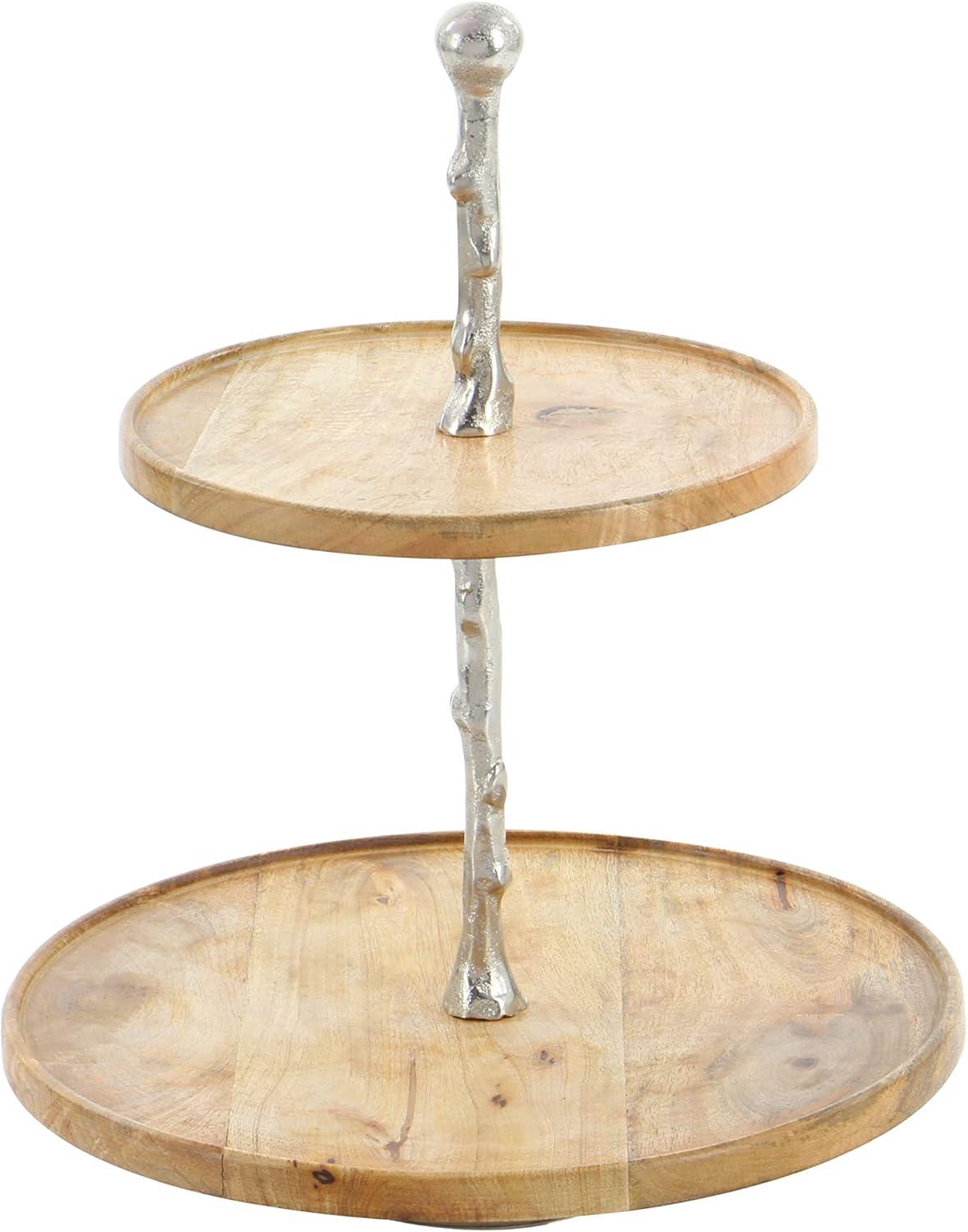 18" 2-Tier Round Modern Mango Wood and Aluminum Tray Stand Brown - Olivia & May: Chic Display for Decor, Non-Food Safe, Indoor Use