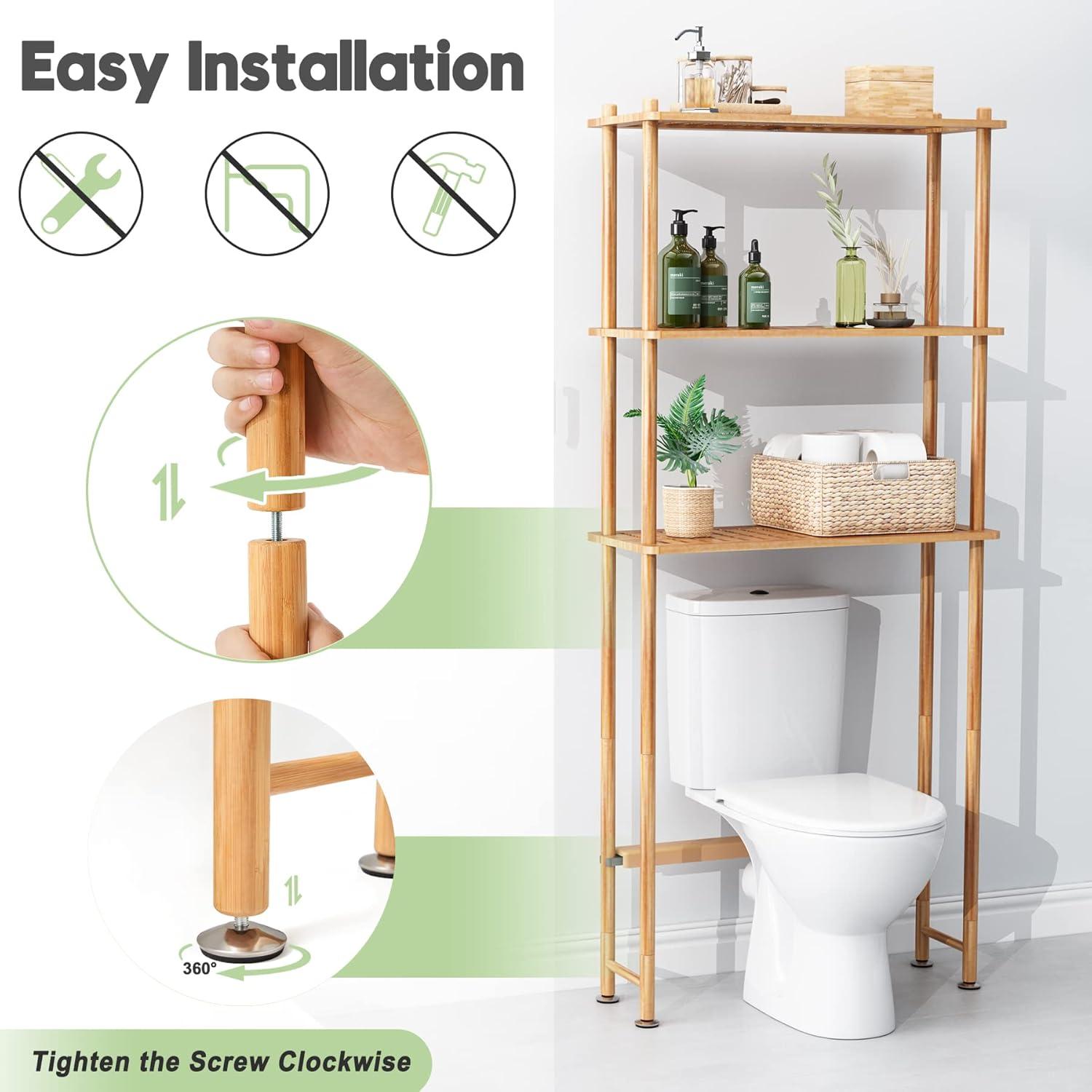 Natural Bamboo 3-Tier Adjustable Over-the-Toilet Storage Shelf