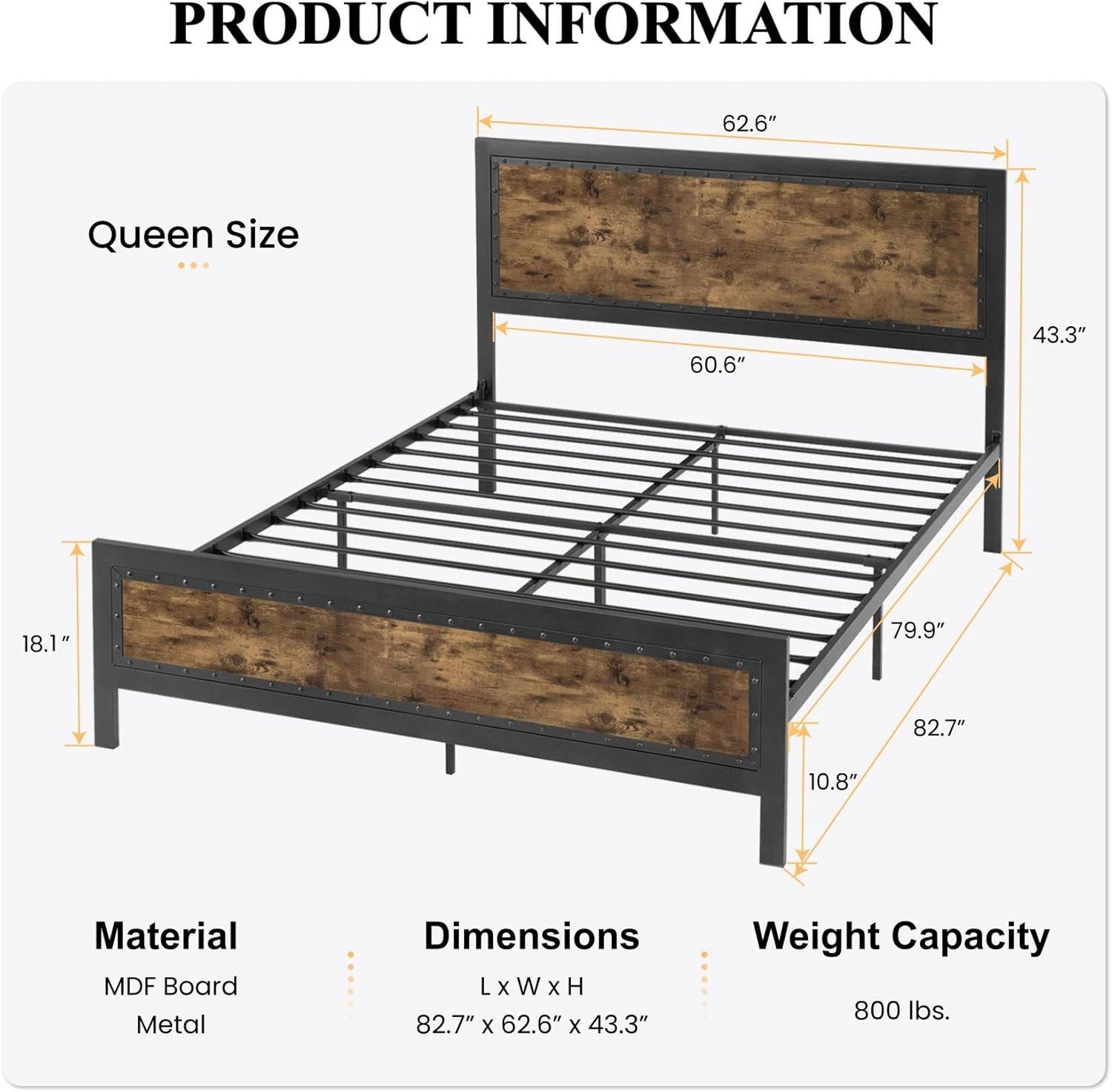 Industrial Grey Metal Queen Bed Frame with Rivet Headboard