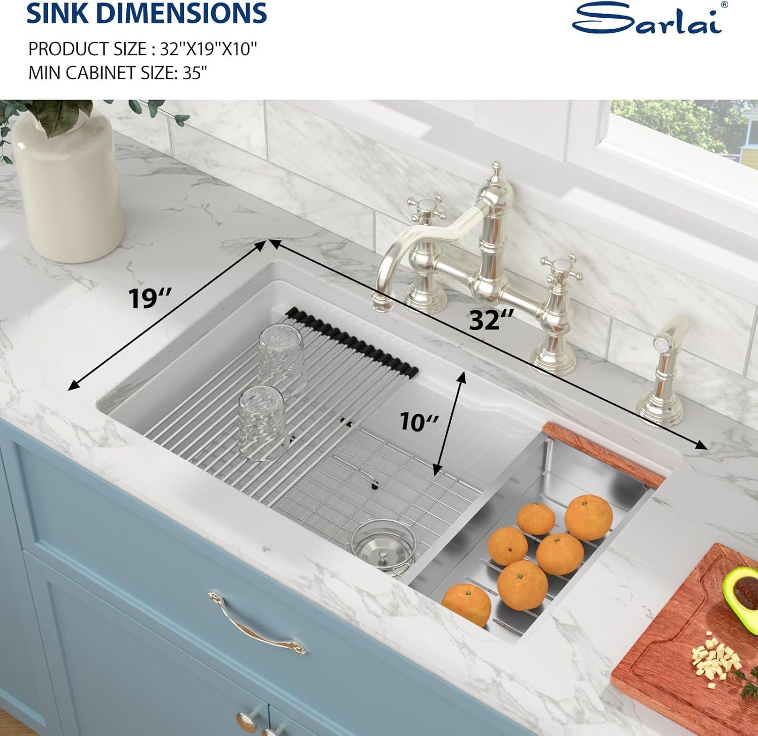 Sarlai White Workstation Kitchen Sink 32 Inch White Undermount Kitchen Sink Ceramic Sinks Drop In Single Bowl Ledge Workstaion Topmount Fireclay Basin 32 x19 x10 Inch