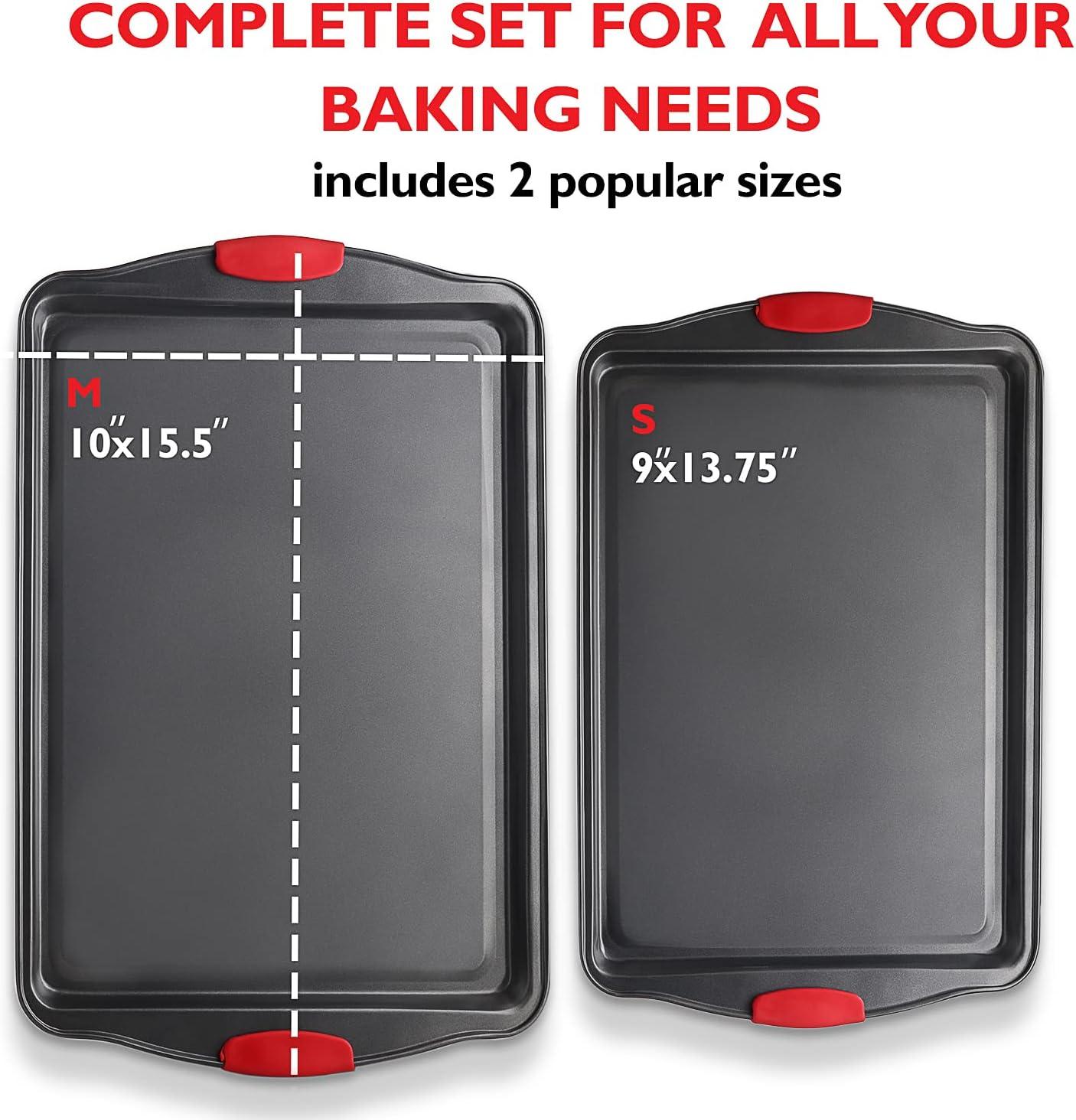 Virtu Baking Sheet Set, 2-Piece Cookie Sheet Set with Silicone Handles, Steel Baking Pans Set, BPA Free Cookie Sheets for Baking Nonstick Set, Small & Medium Sheet Pan - Black Baking Tray