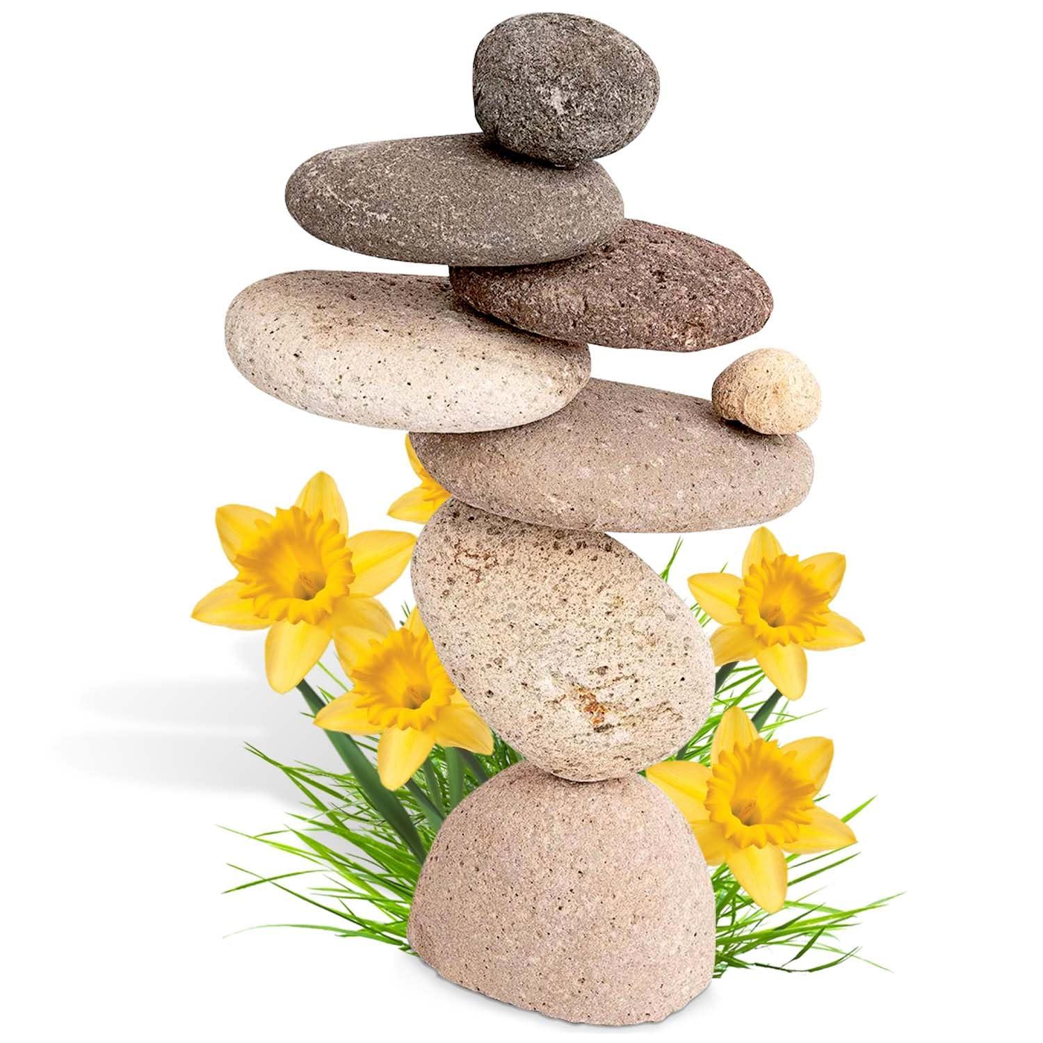 Ancient Graffiti Eight Stone Cairns Garden Sculpture – Natural River Rock Zen Yard Décor, Outdoor Stone Stack Ornament, 14"