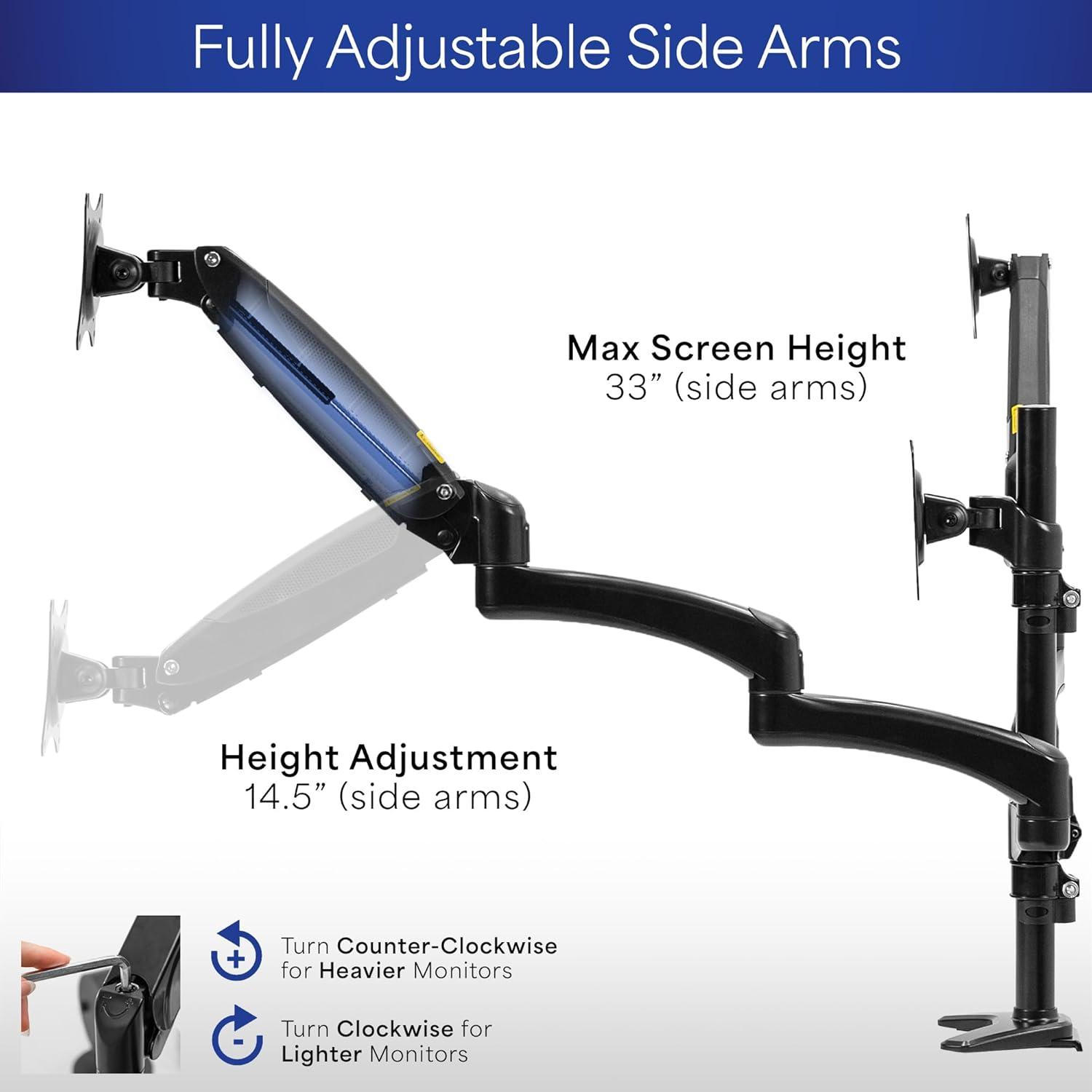 VIVO Black Triple Monitor Mount, 2 Pneumatic Arms + 1 Fixed, 3 Screens up to 32"