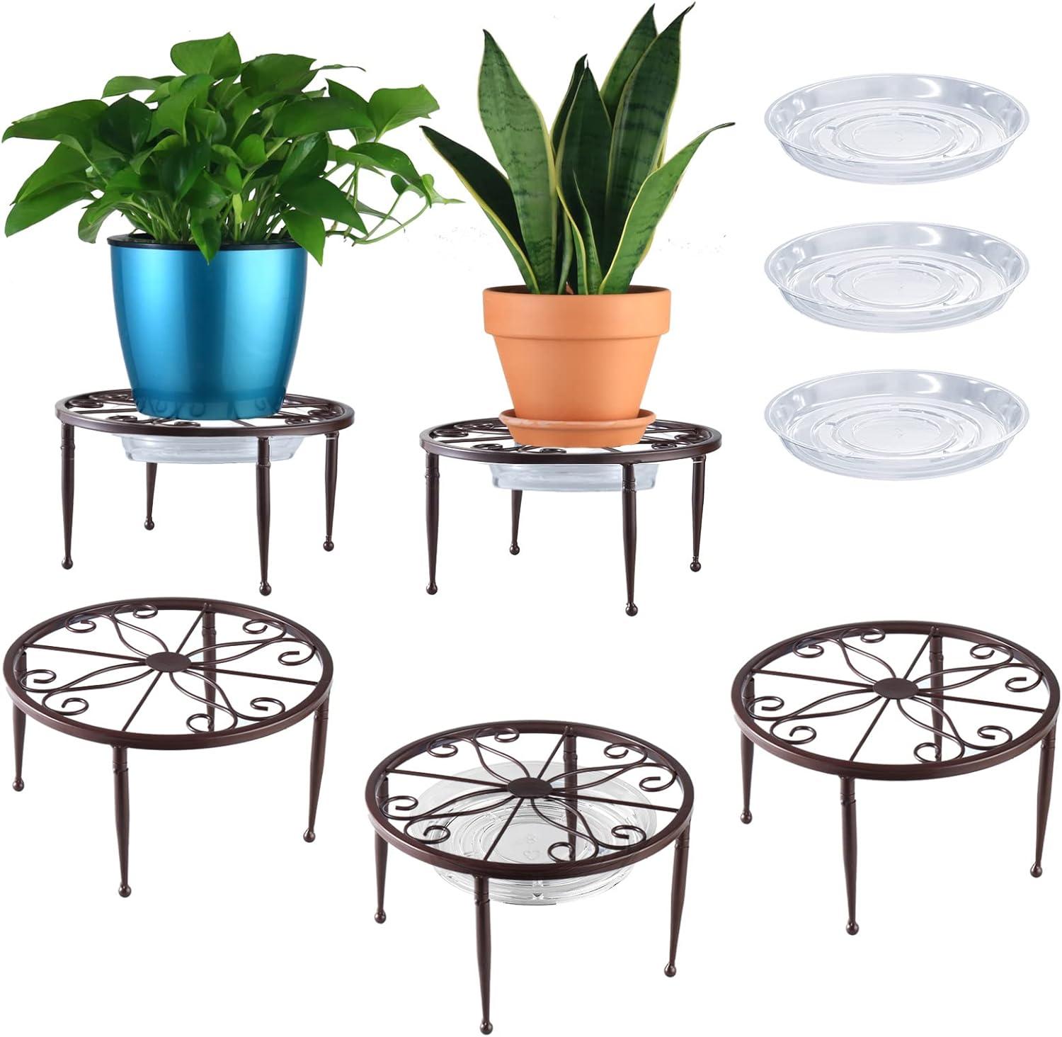 9 Inch Brown Iron Plant Stands with Saucers, Set of 3