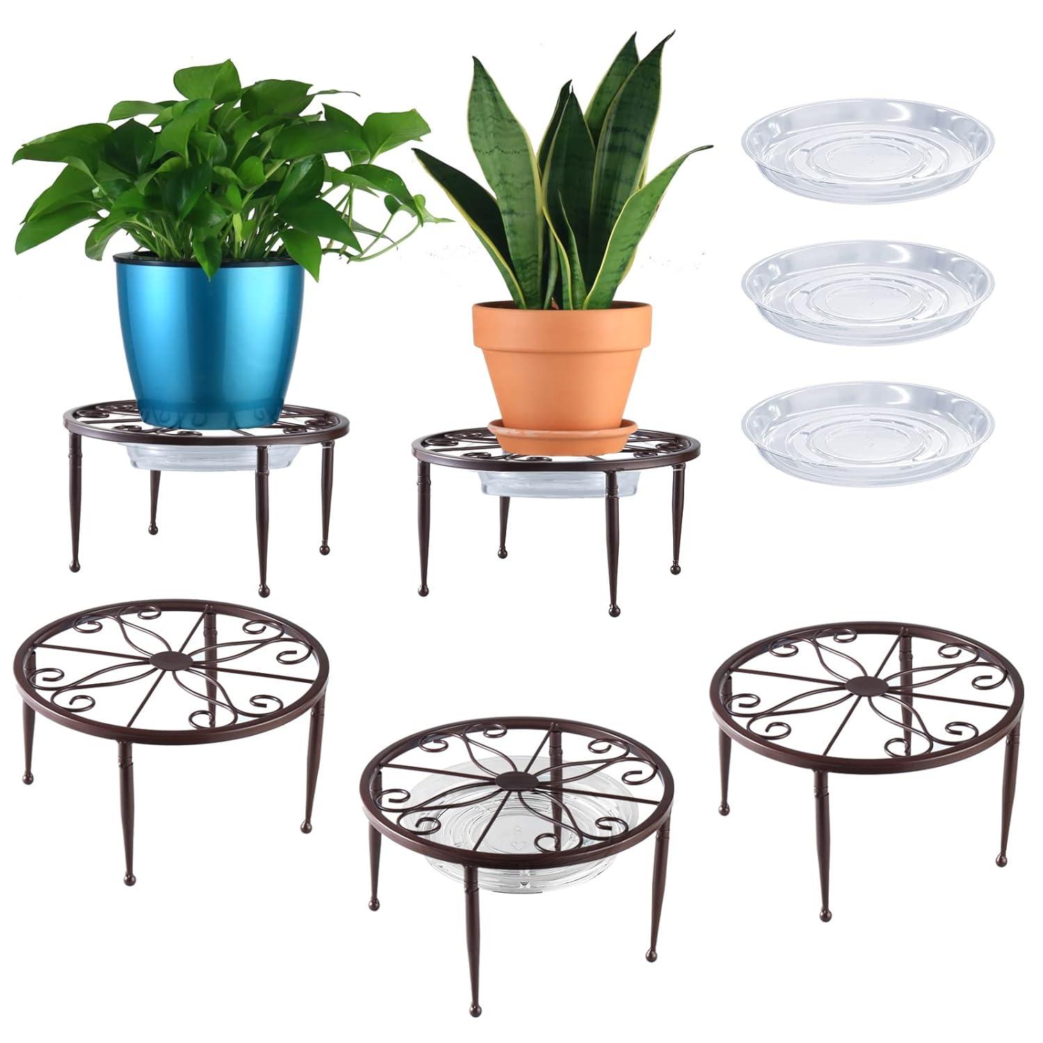 3 Pack 9 inches Metal Plant Stands with Saucer for Indoor and Outdoor Plants Heavy Duty Potted Heavy Duty Flower Pot Stand Holder Rustproof Iron Round Plant Shelf for Garden, Brown