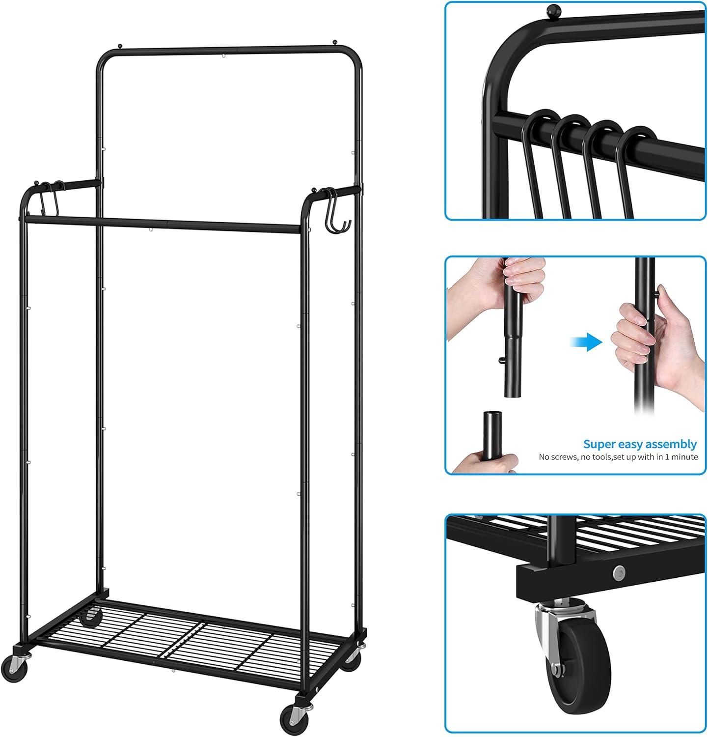 Black Heavy Duty Double Rod Rolling Garment Rack with Hooks