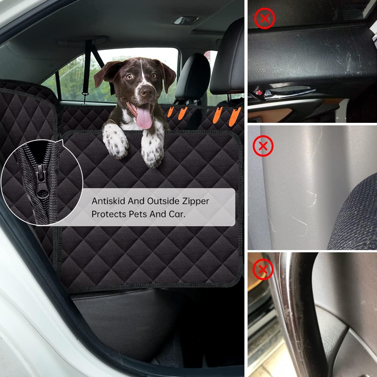 Black Waterproof Dog Car Seat Cover with Mesh Window and Storage Pockets