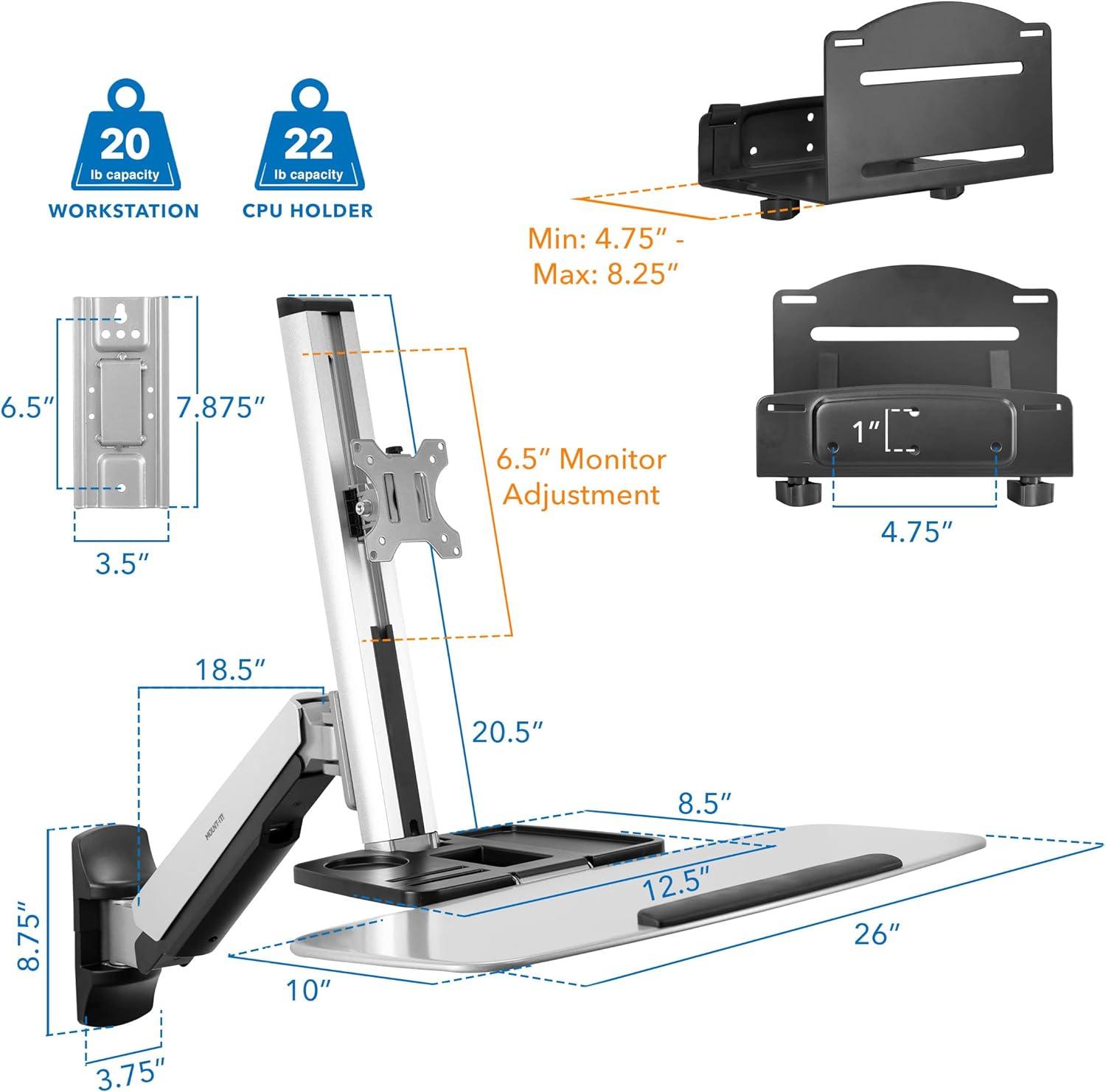 Adjustable Full-Motion Wall Mount Workstation with Keyboard, CPU, and Monitor Mount