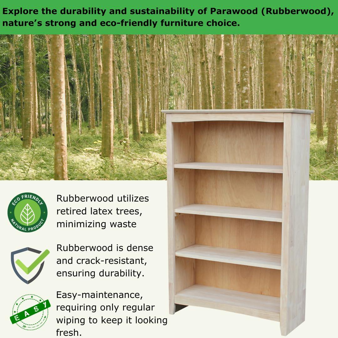 48" Shaker Bookshelf Unfinished - International Concepts: Solid Parawood, 4-Shelf Storage