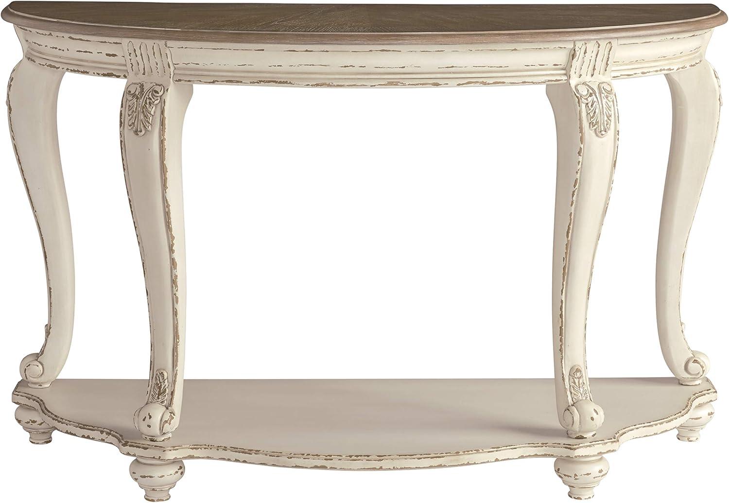 Realyn Demilune Sofa Table with Storage in Distressed White/Brown