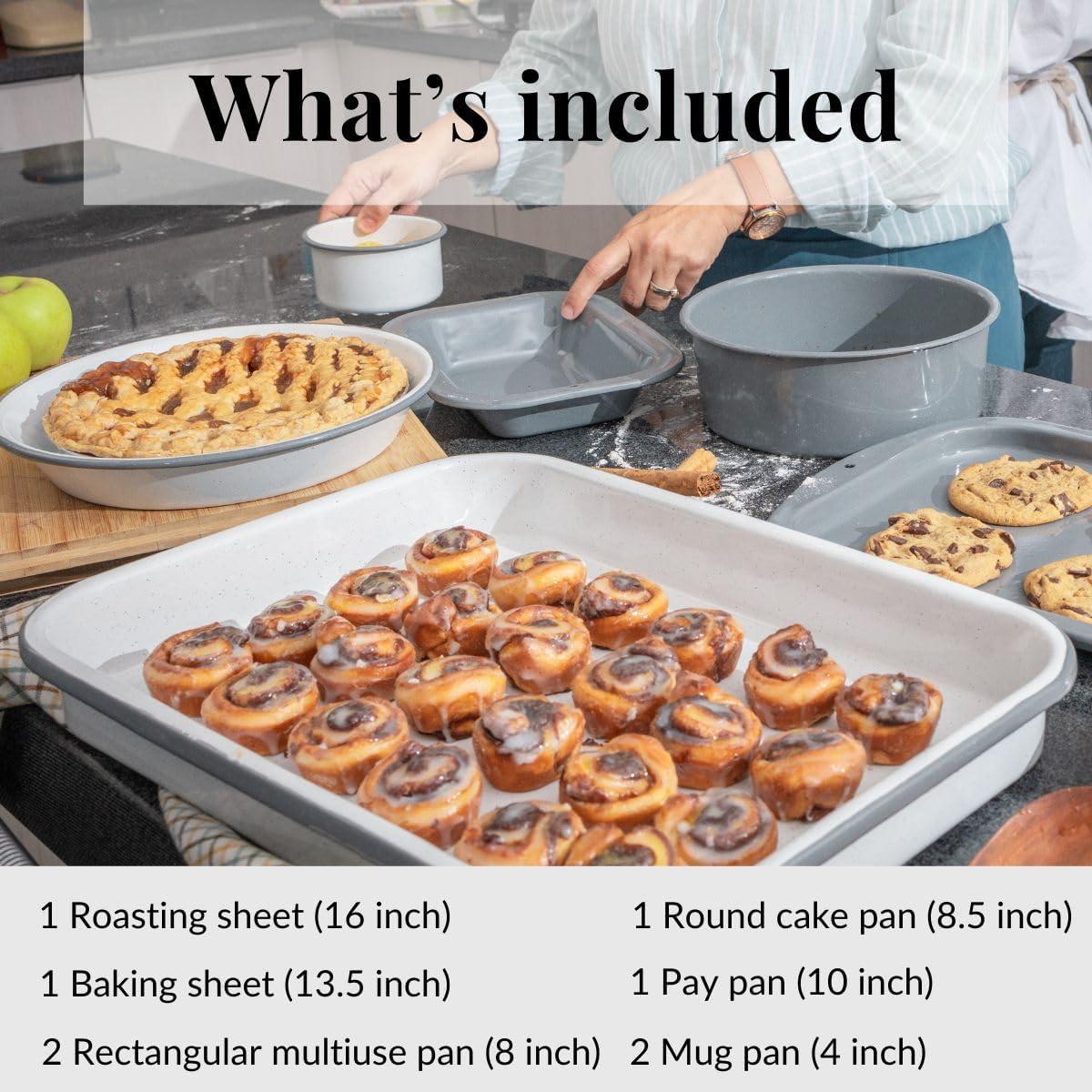 Granite Ware 8 piece Healthy Bakeware Set. Unique colors! Enameled steel baking sheets and pans. Oven and camping friendy. PTFE Free.