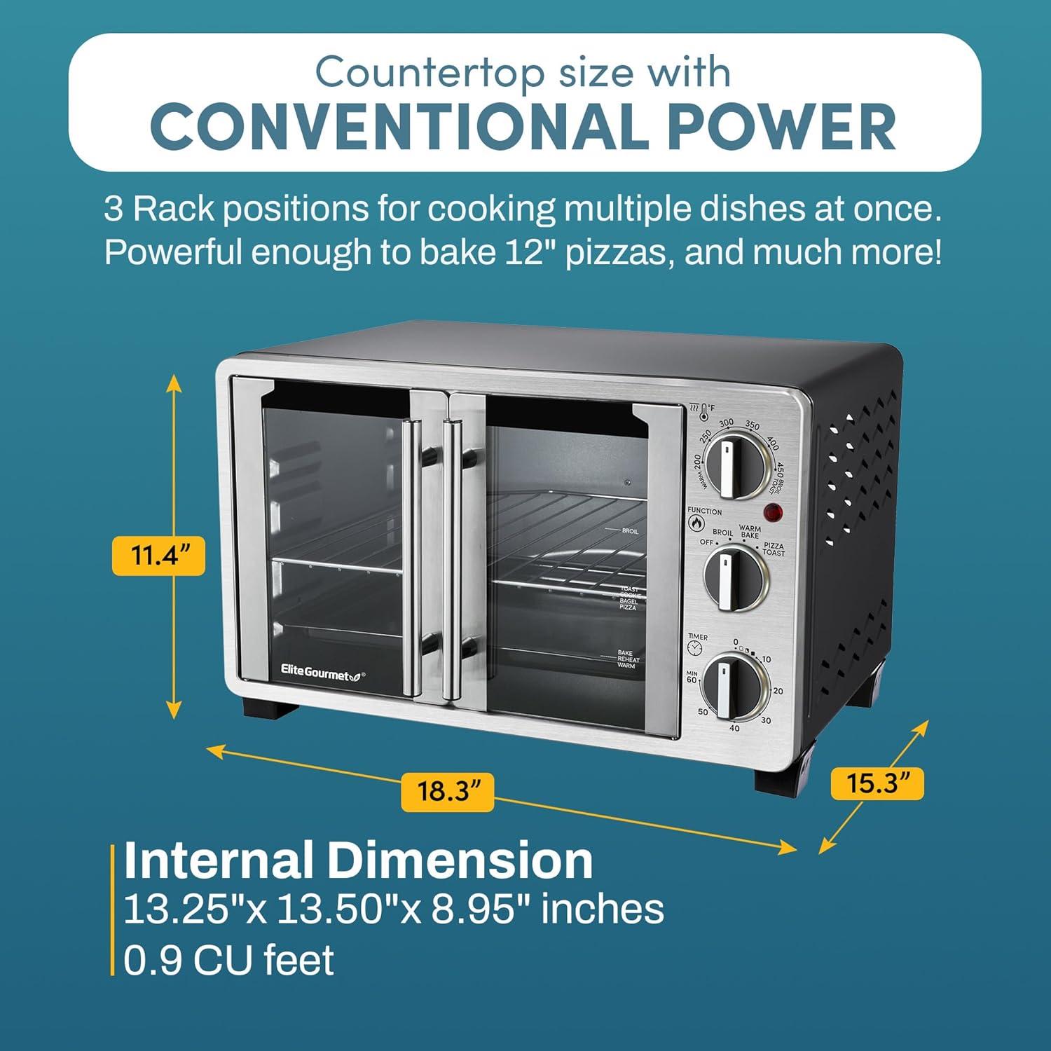 Elite Gourmet ETO2530M New Double French Door Toaster Oven fits 12" Pizza, Stainless Steel