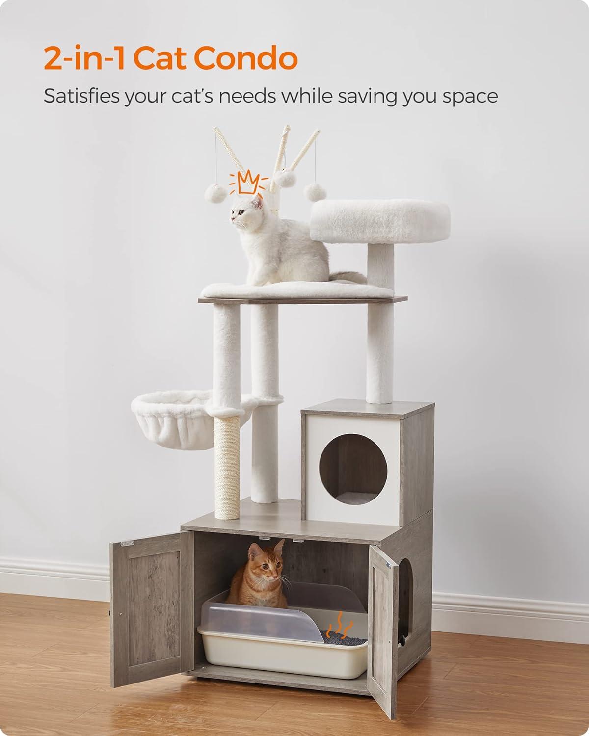 Feandrea Cat Tree with Litter Box Enclosure, 2-in-1 Modern Cat Tower, 55.1-Inch Cat Condo with Scratching Posts, Removable Pompom Sticks, Greige UPCT113G01