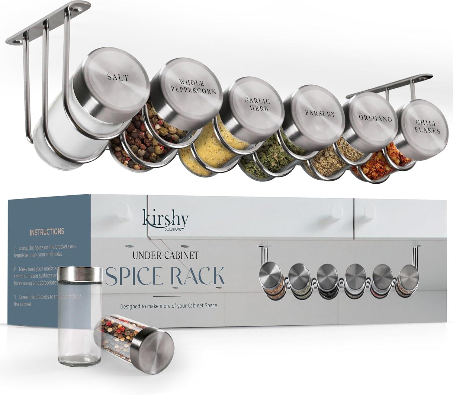 Stainless Steel Under Cabinet Spice Rack with 6 Glass Jars and Labels